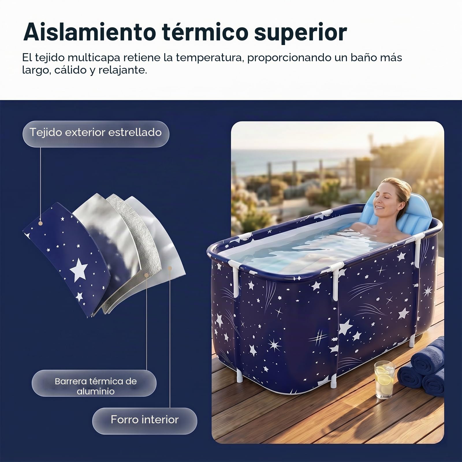 Bañera Plegable para Adultos Portátil 120 x 55 x 50cm Para Baño Caliente, Spa, Cubo De Baño Grueso, Bañera Grande De Múltiples Capas Con Respaldo, Cojín Y Bomba Inflable