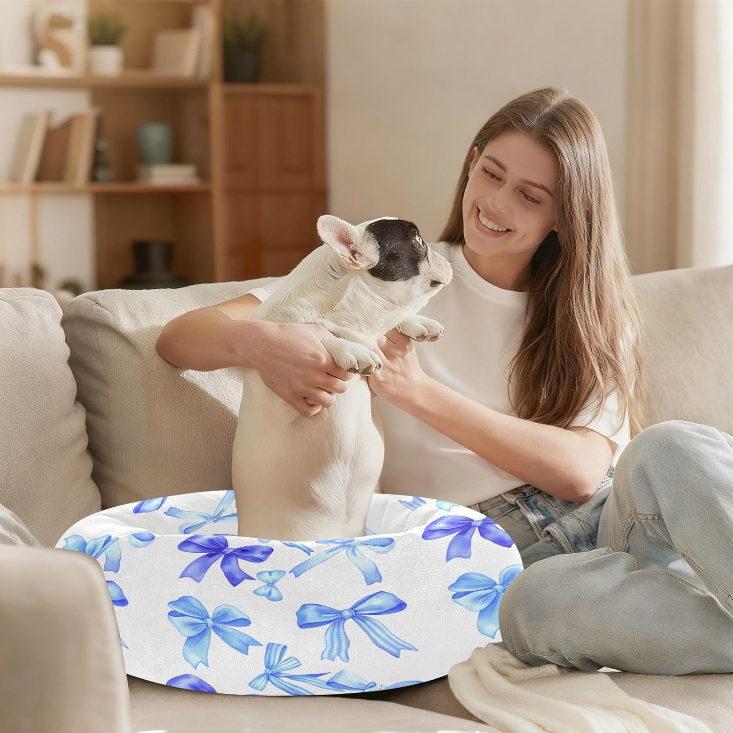 Dog Bed Ultra Soft Fluffy Comfortable Cat Bed, Blue Bows Washable Dog Beds Anti-Slip Round Pet Beds for Medium Dogs