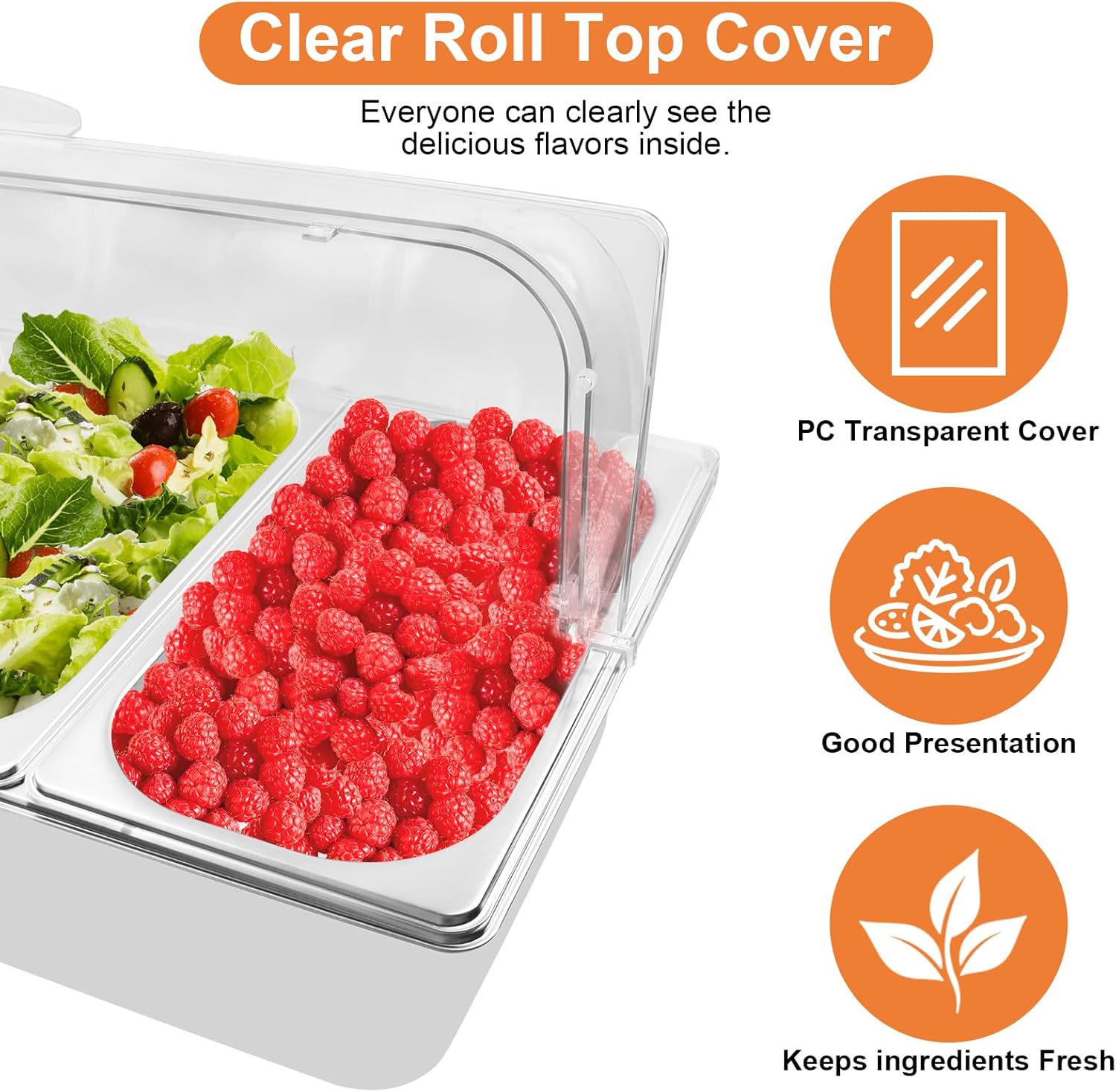 Countertop Food Serving Display Container with Clear Roll Top Cover, Catering Supplies Buffet Display, Perfect Salad Bar Buffet Station for Home and Catering Supplies, Cold Food Buffet Server(3 Pan)
