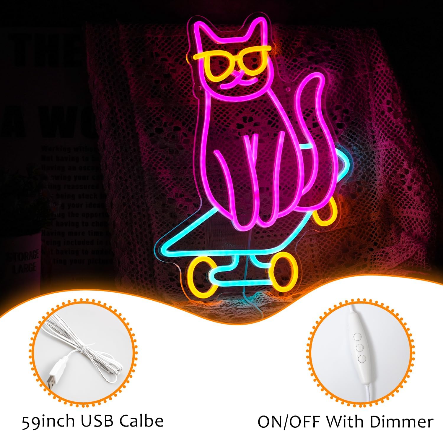 Skateboard Cat Neon Sign Cute Glasses Cat LED Neon Light Dimmable Animal Light Up Sign for Bedroom Decor Pet Shop Art Wall Decoration Gift for Girl Boy Party Decoration (Multicolored）
