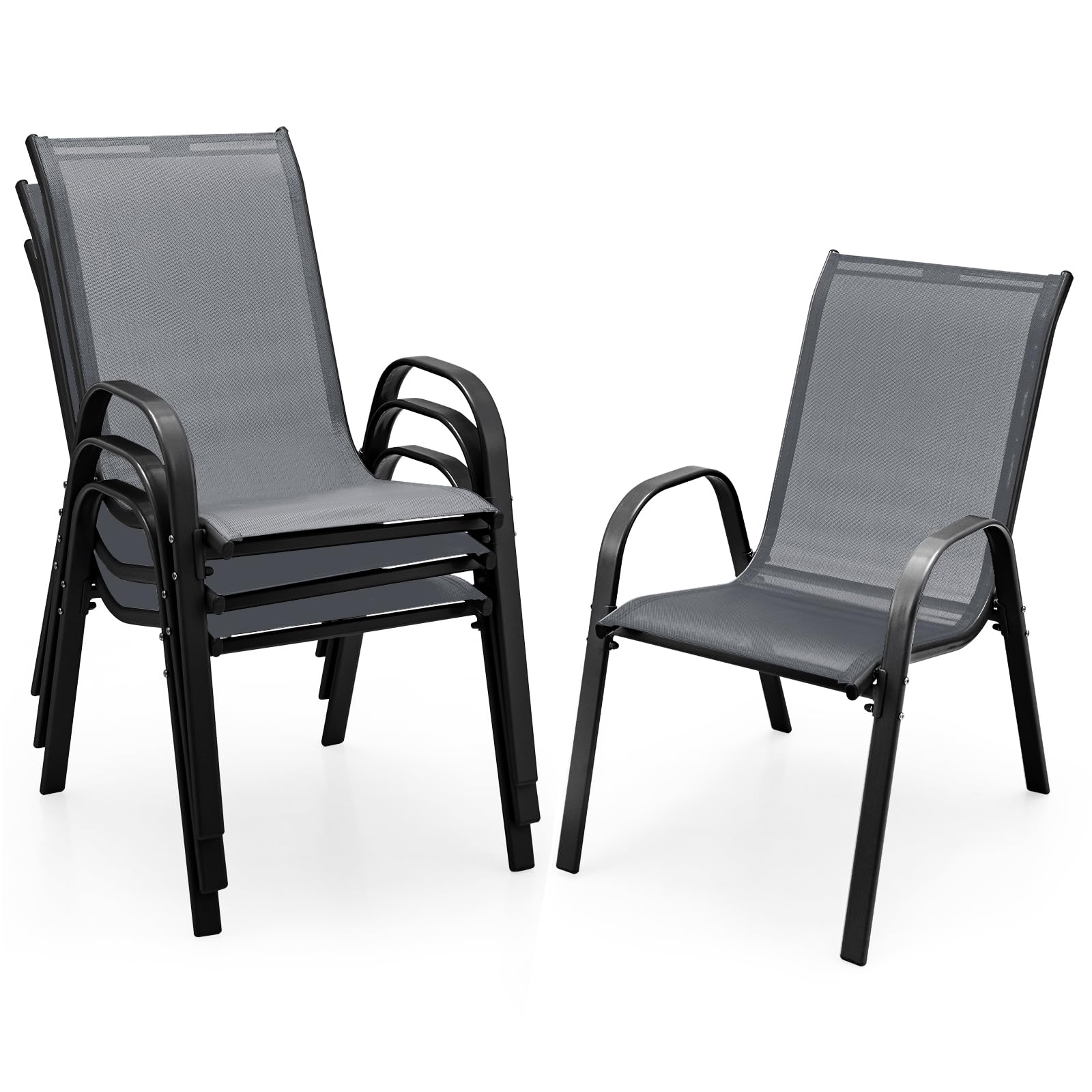 GIANTEX Patio Chairs Set of 4, Stackable Outdoor Dining Chairs with Breathable &amp; Quick-Dry Fabric &amp; Armrests for All Weather, Lawn, Backyard, Poolside,Porch, Deck, 330 LBS Capacity (Grey)