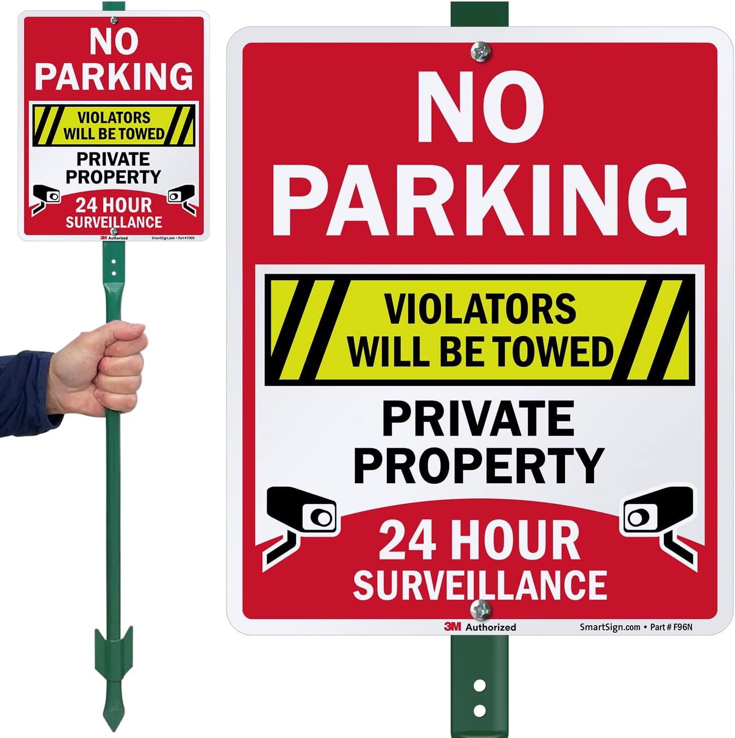 SmartSign 12" x 10" 'No Parking Violators Towed Private Property 24 Hour Surveillance' Yard Sign with 3 ft Stake, 40 mil Aluminum, 3M Laminated Engineer Grade Reflective, Set of 1