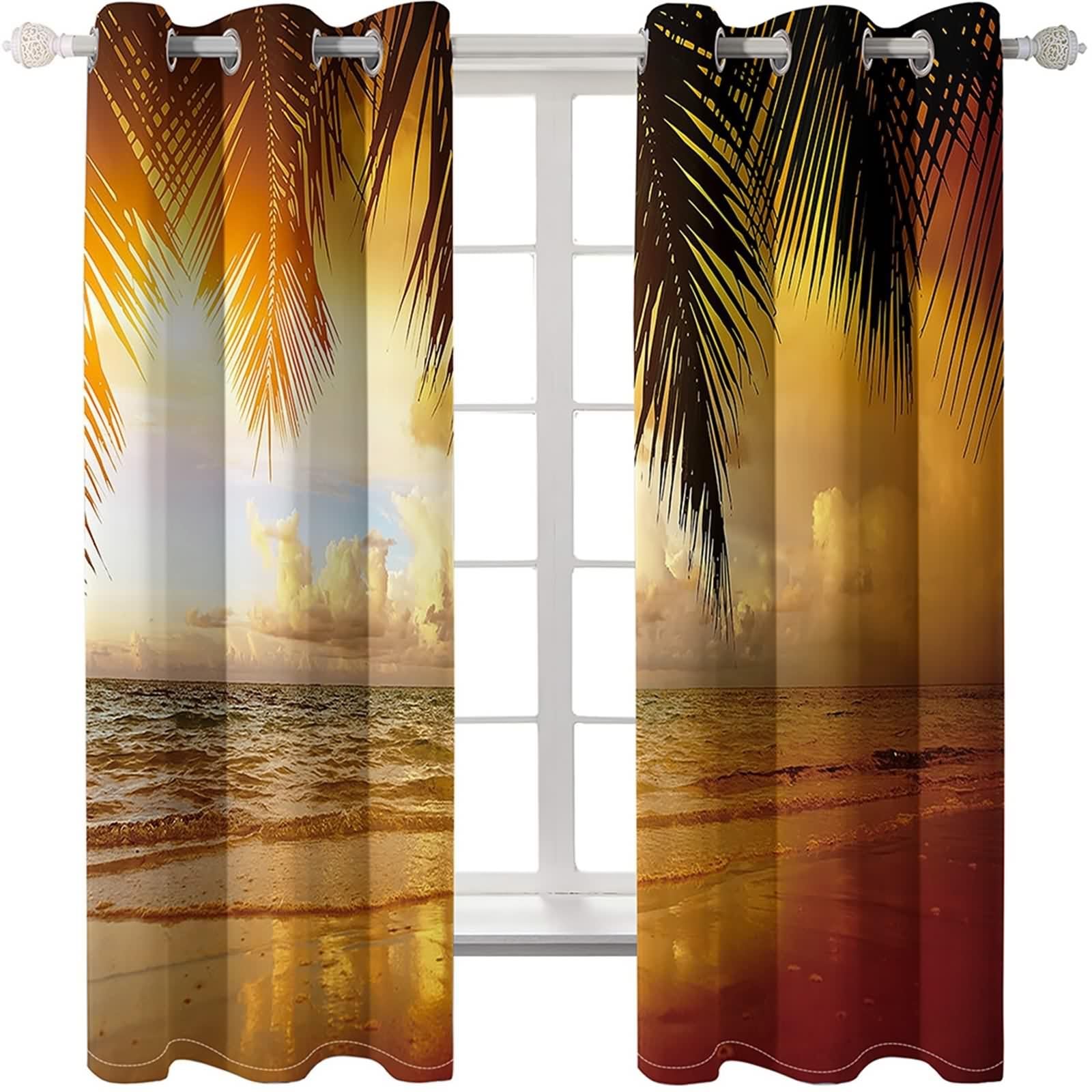 Rideau Anniversaire, Rideaux de La Cuisine Moderne Marron Orangé Polyester Paysage Marin avec des Feuilles de Palmier 244L x 274H CM Lot de 2