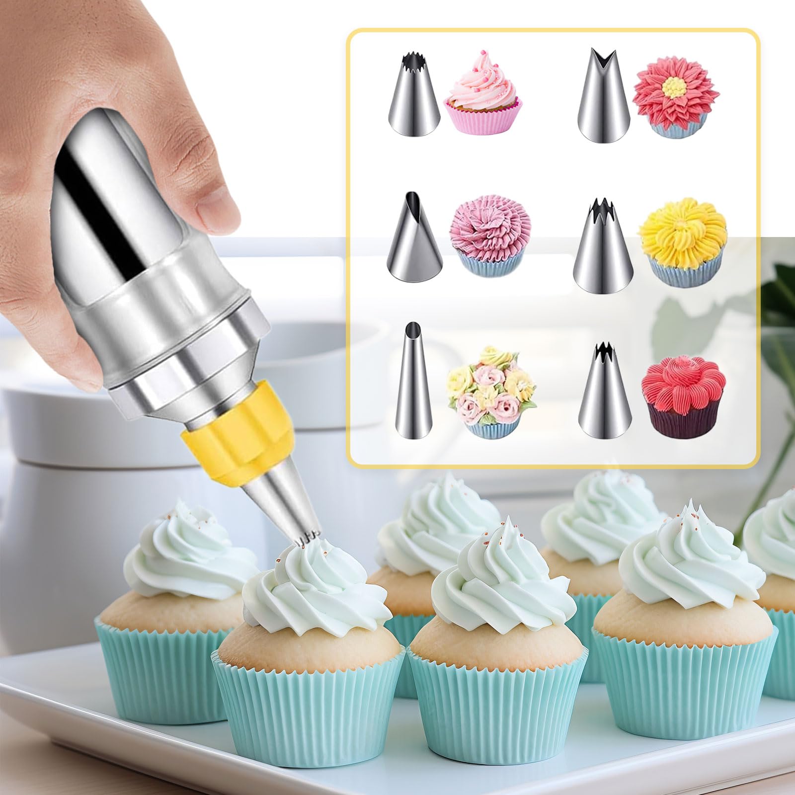 Seringue à gâteau, seringue à crème, en acier inoxydable, avec 6 douilles, poche à douille réutilisable, pour cupcakes, gâteaux, biscuits, beignets, pâtisseries (jaune)