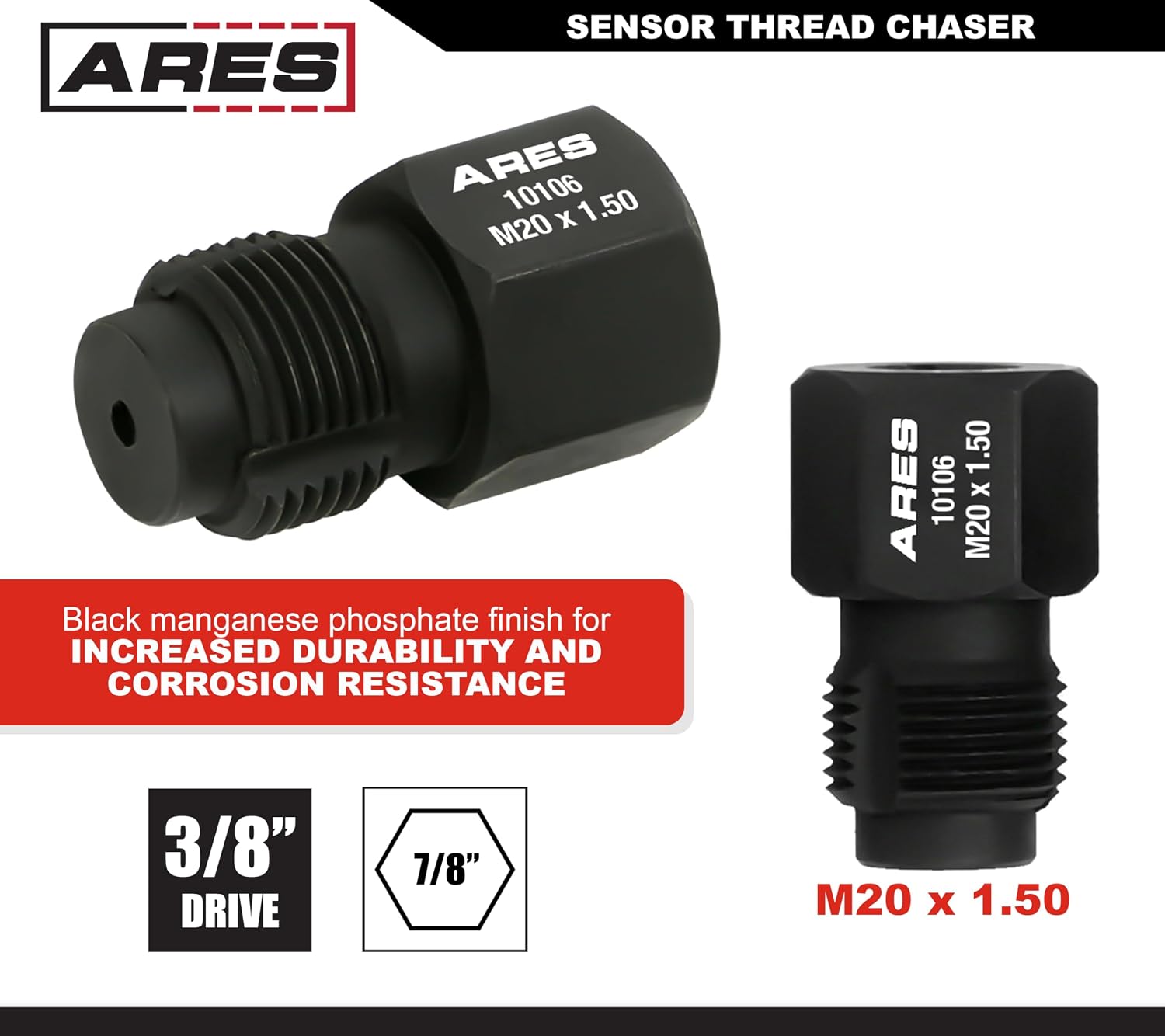 ARES 10106 M20x1.5 NOx Sensor Thread Chaser Tool - 7/8-In Hex, 3/8-In Sq