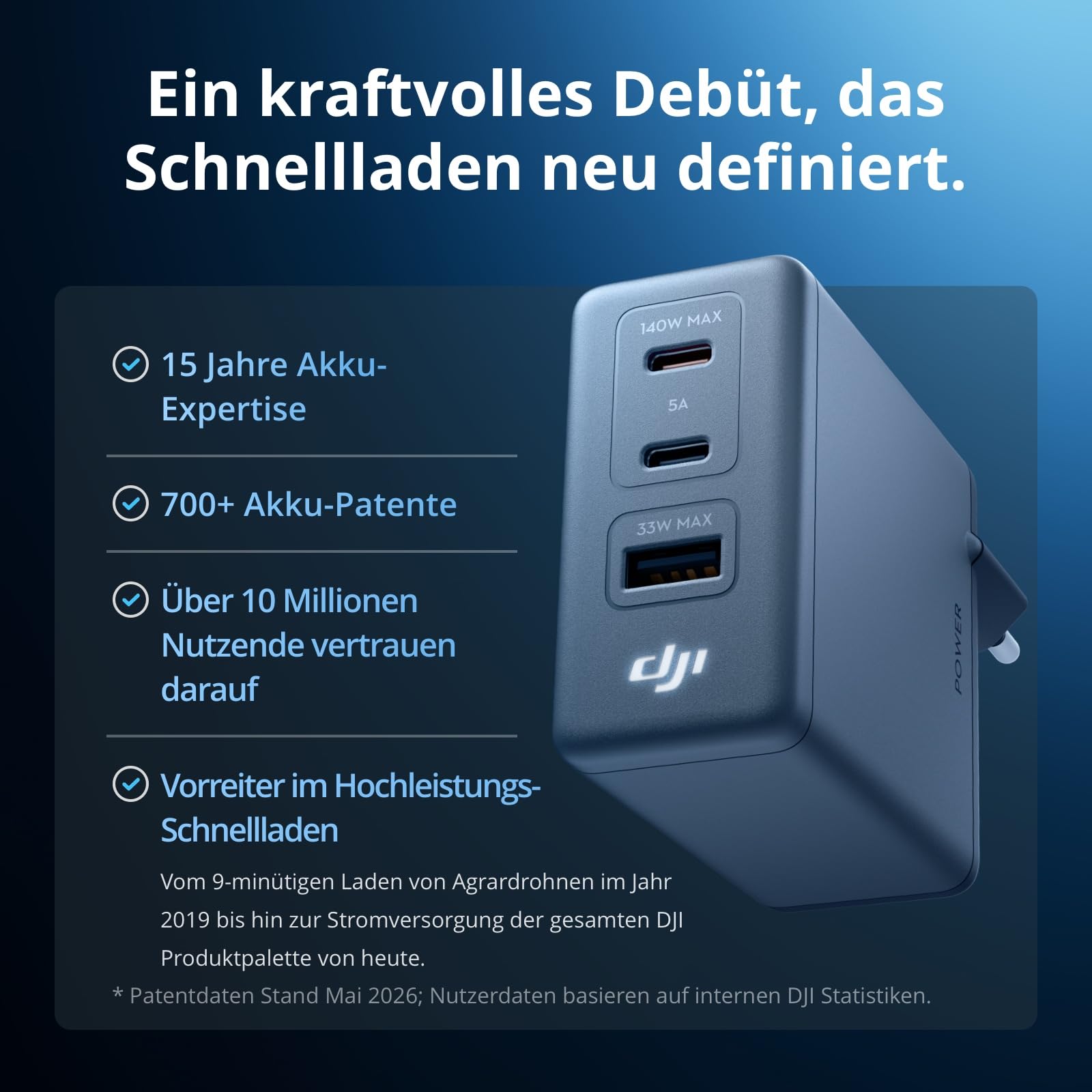 DJI Power 140W GaN Lade-Combo, inkl. 7-A-Kabel mit digitaler Anzeige (1 m) | 140 W Ausgangsleistung, 3 Anschlüsse, intelligente Temperaturregelung, Schnellladen, PD 3.1, Laptop Ladegerät