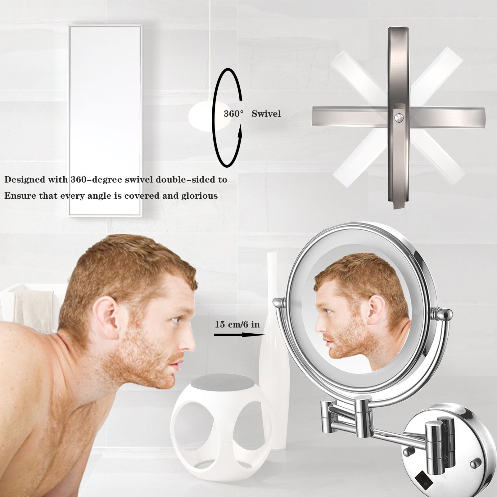 Specchio Cosmetico da Parete, Doppio Faccia Pieghevole Specchio Bagno, Specchio per Il Trucco con Luce LED, Specchio Cosmetico Ingranditore, per Il Trucco (Rose Gold Charge 10X)