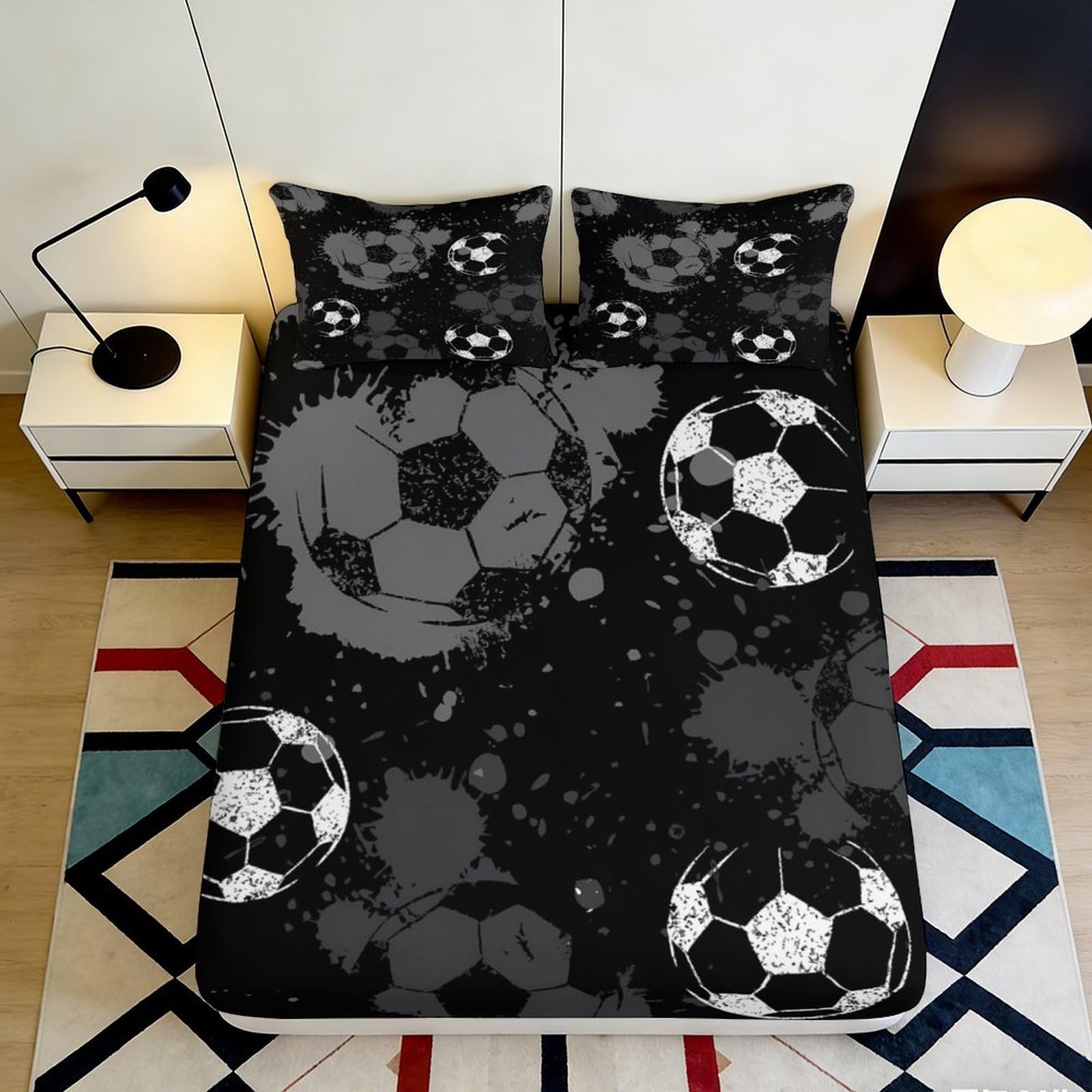 3D Printed Soccer Graffiti Fitted Sheet Microfiber Black Bed Cover with Football Splash for Bedroom Dorm Mattress Protection Decor 120x200x25cm