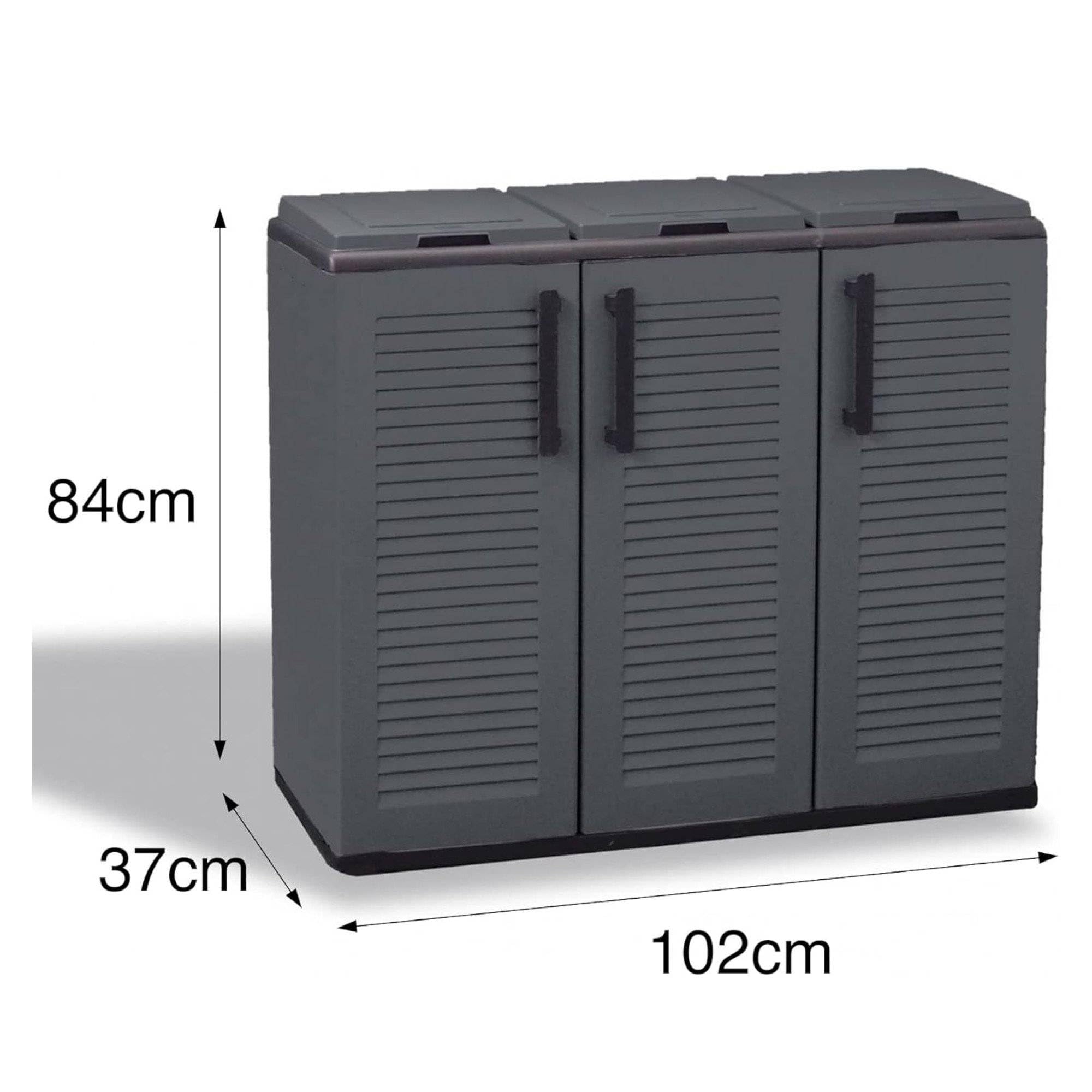 Dmora Pattumiera Aalst, Cestino portarifiuti, Bidone per Raccolta differenziata a 3 Ante, 100% Made in Italy, 102x37h84 cm, Grigio e Nero, Finitura Righe