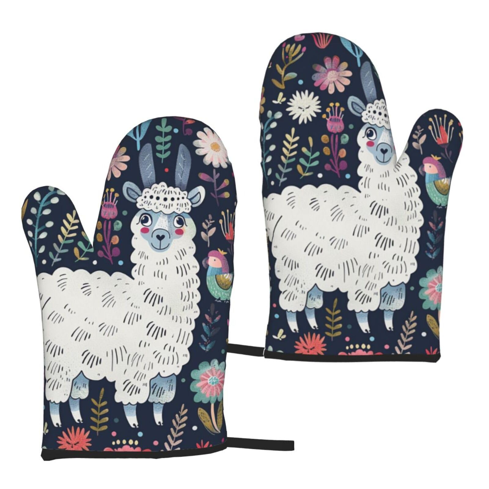 Aubkfeld Cute Llama Floral Printed Oven Mitts 2 Pcs - Heat Resistant Waterproof Bbq Oven Gloves For Cooking Baking Grilling