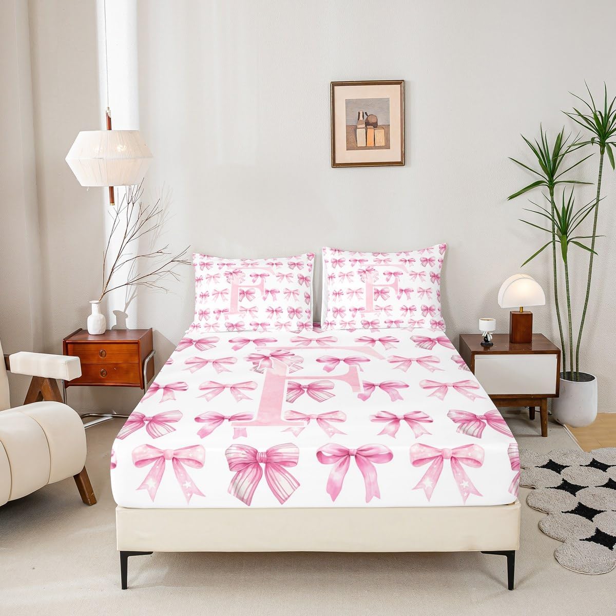 Erosebridal 3D Initial Letter F Bed Sheets Full Size Coquette Pink Bow Fitted Sheet for Mom/Daughter/Sister Aesthetic Bowknot Cute Preppy Bed Set Dreamy Fantasy Monogram Sheets with Deep Pocket(F)