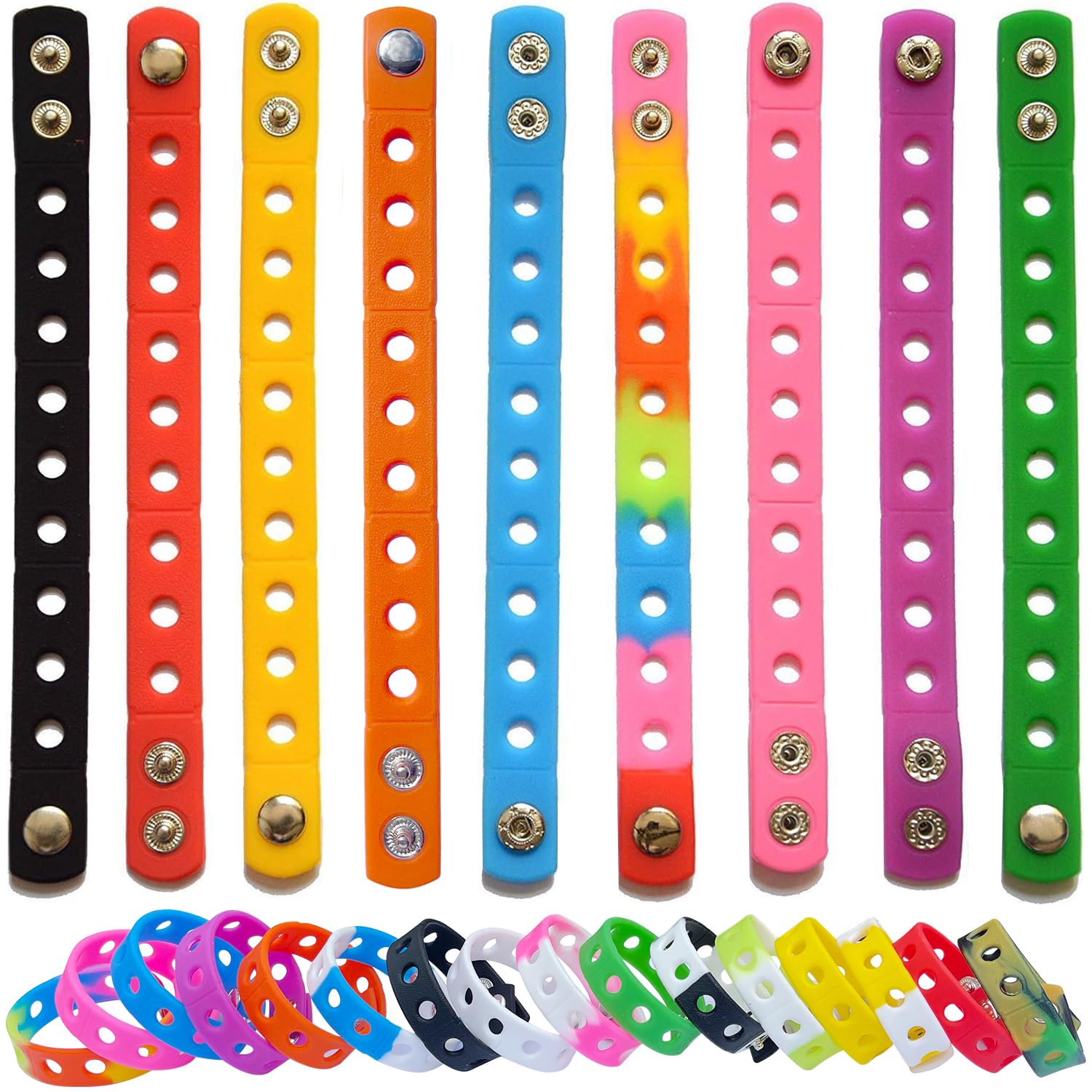 9,32,100 Pcs Random Silicone Wristbands Adjustable 7 Inch Bracelets Band for Shoe Charm Boys Girls Birthday Party
