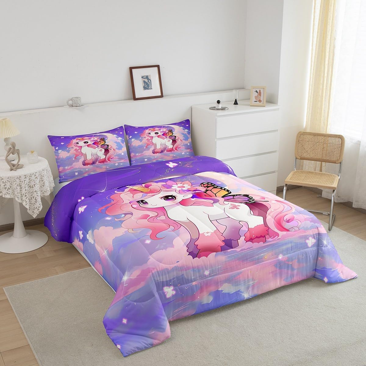 Feelyou Moon Stars Unicorn Comforter Set Queen Size, Fairy Cute Unicorn Bedding Set Galaxy Butterfly Unicorn Comforter Reversible Purple Duvet Set