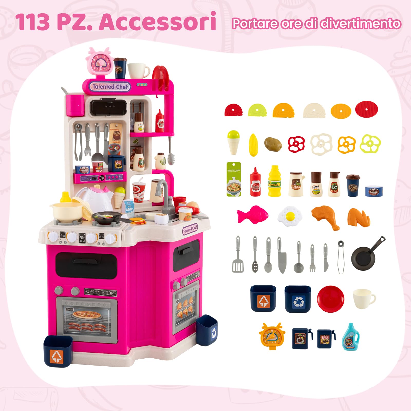 RELAX4LIFE Cucina Giocattolo per Bambini, Effetti Sonori e Luminosi, Cucina in Legno con Sistema di Circolazione dell'Acqua, Frigorifero, Forno e Cestino, Set Cucina Giochi per 3+ Anni (Rosa)