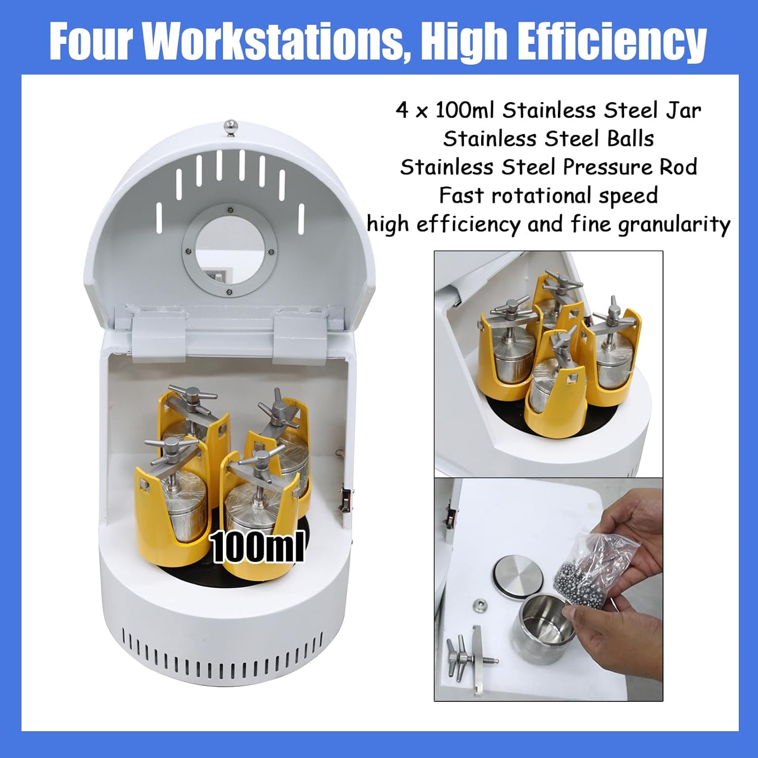 Laboratory Ball Mill, Planetary Ball Mill Machine, Lab Planetary Ball Grinding Mill Powder Grinder with 4 x 0.1 L Stainless Steel Jars and Balls, Granularity of 0.1 micrometers