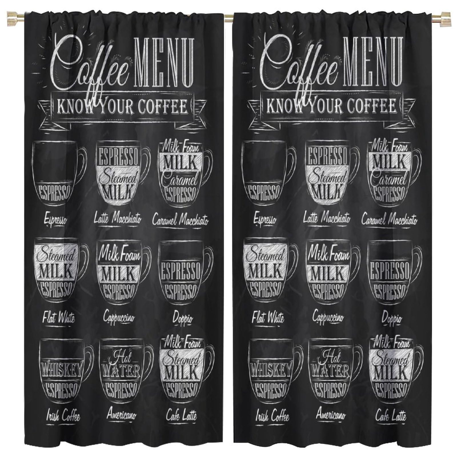 HZOHNAGO Coffee Kitchen Curtains Coffee Menu Style Blackout Print Rod Pocket Window Drapes for Bedroom Living Room Kitchen 84x84in