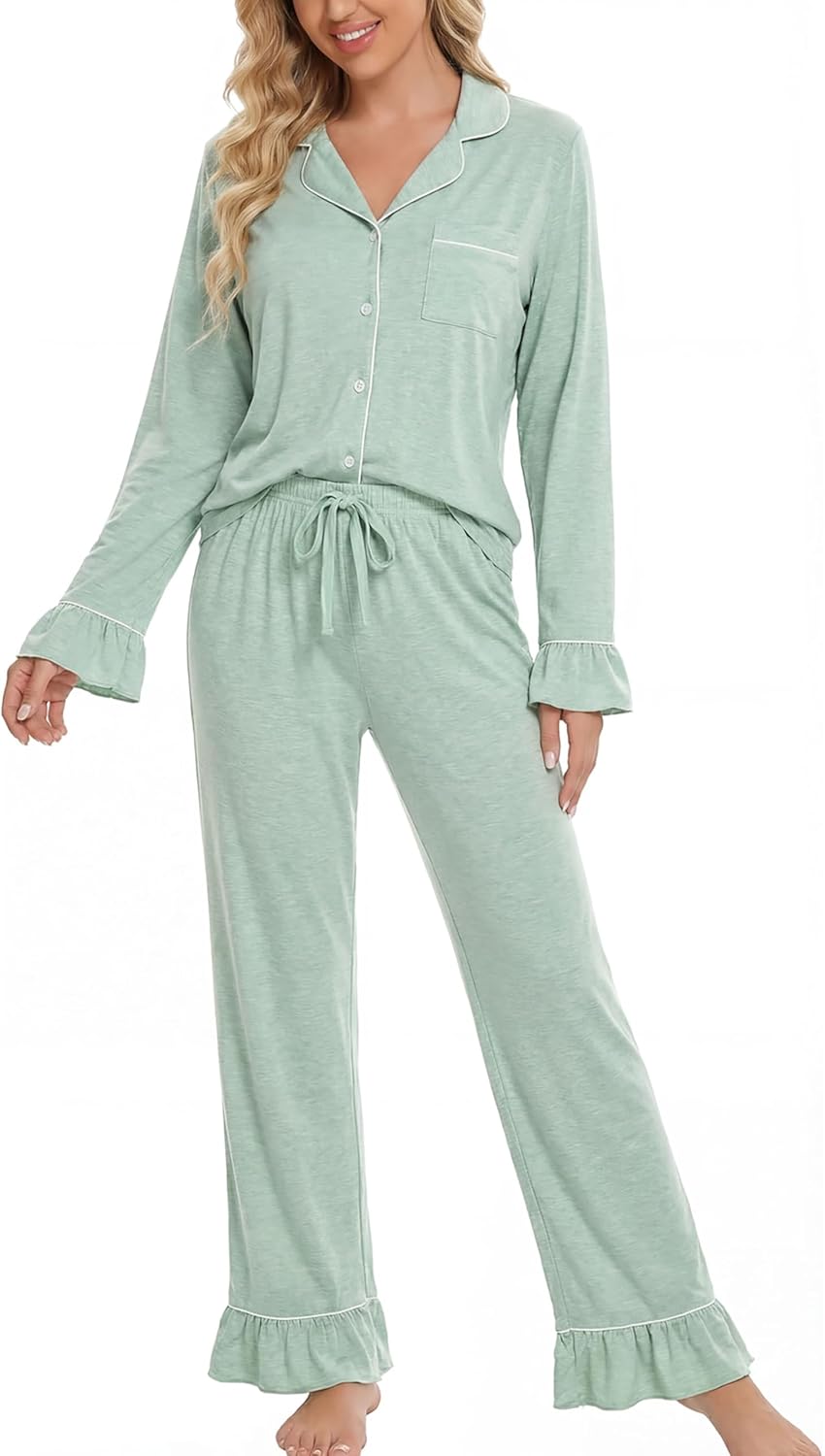 Women Bamboo Viscose Pajama Sets Ruffled Cuff Hem Long Sleeve Fancy Yarn 2 Piece Loungewear Loose Fit Drop Shoulder