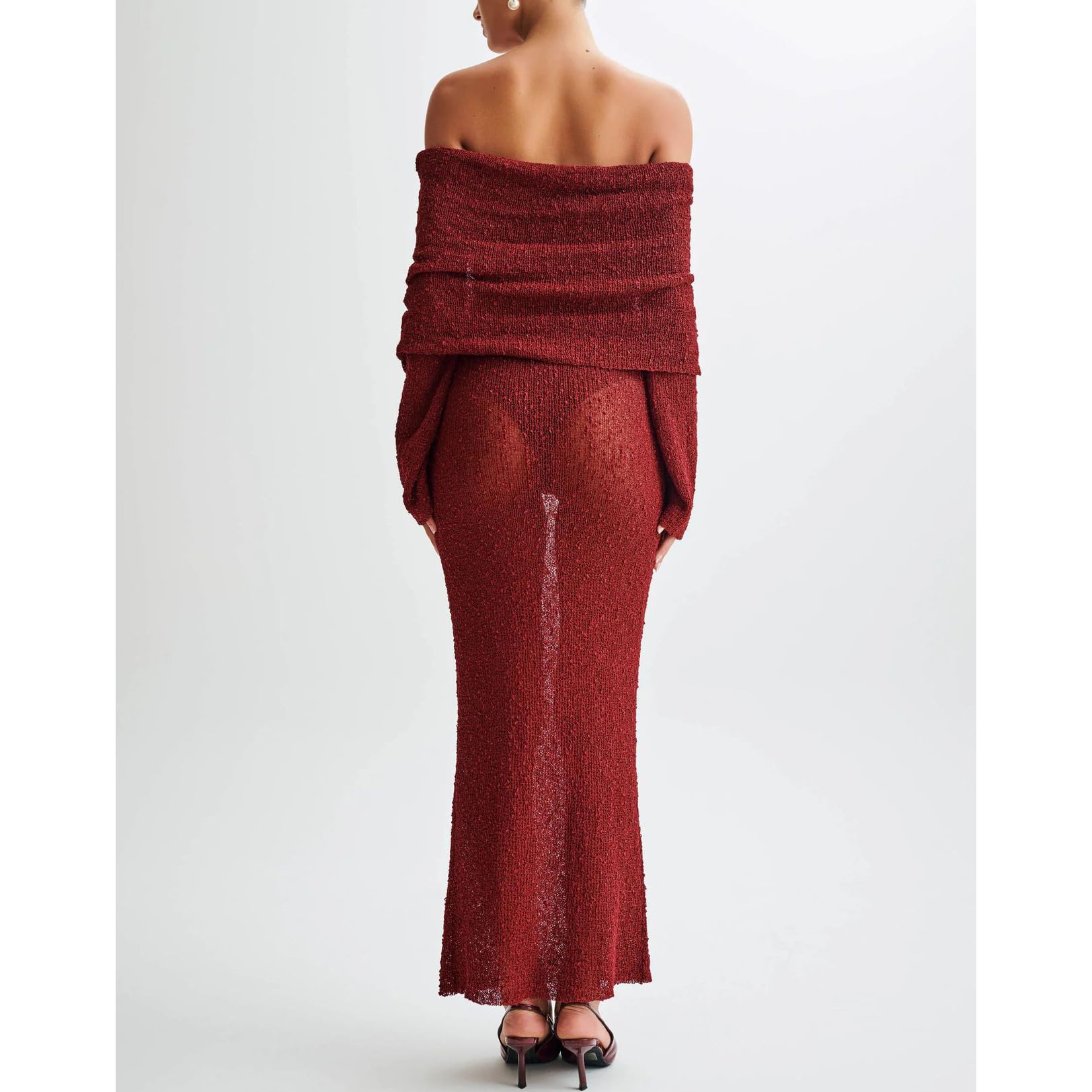 Donne Fuori della Spalla a Maglia Svasato Manica Bodycon Spiaggia Casual Coprire su Abiti,Rosso,S