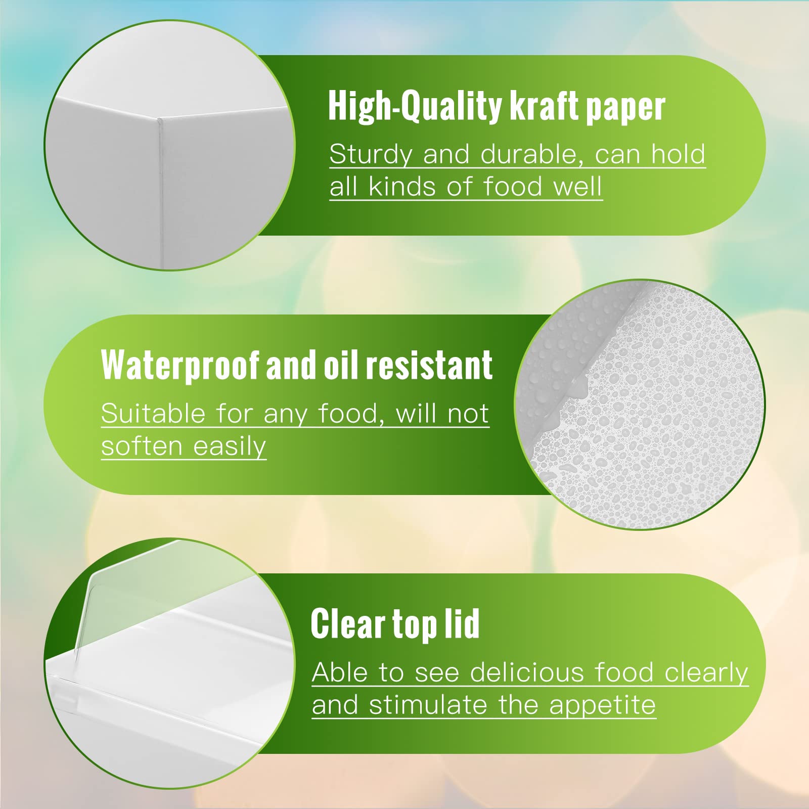 Lot de 100 boîtes à charcuterie en papier de 2 tailles avec couvercle de sécurité transparent - 12,7 cm de long - Boîte à pain jetable pour sandwich, gâteau, biscuits, pâtisserie, dessert, salade