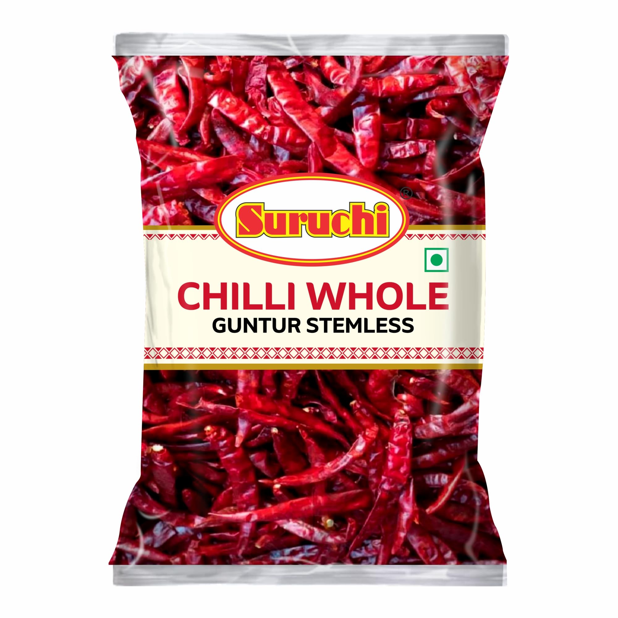 Suruchi Whole Guntur Chilli - 100g (Stemless) | Whole Dry Red Chilies | Spicy & Aromatic Sabut Lal Mirch | Ideal for Tadka, Curries & Spice Blends | 100% Natural (Pack of 1)