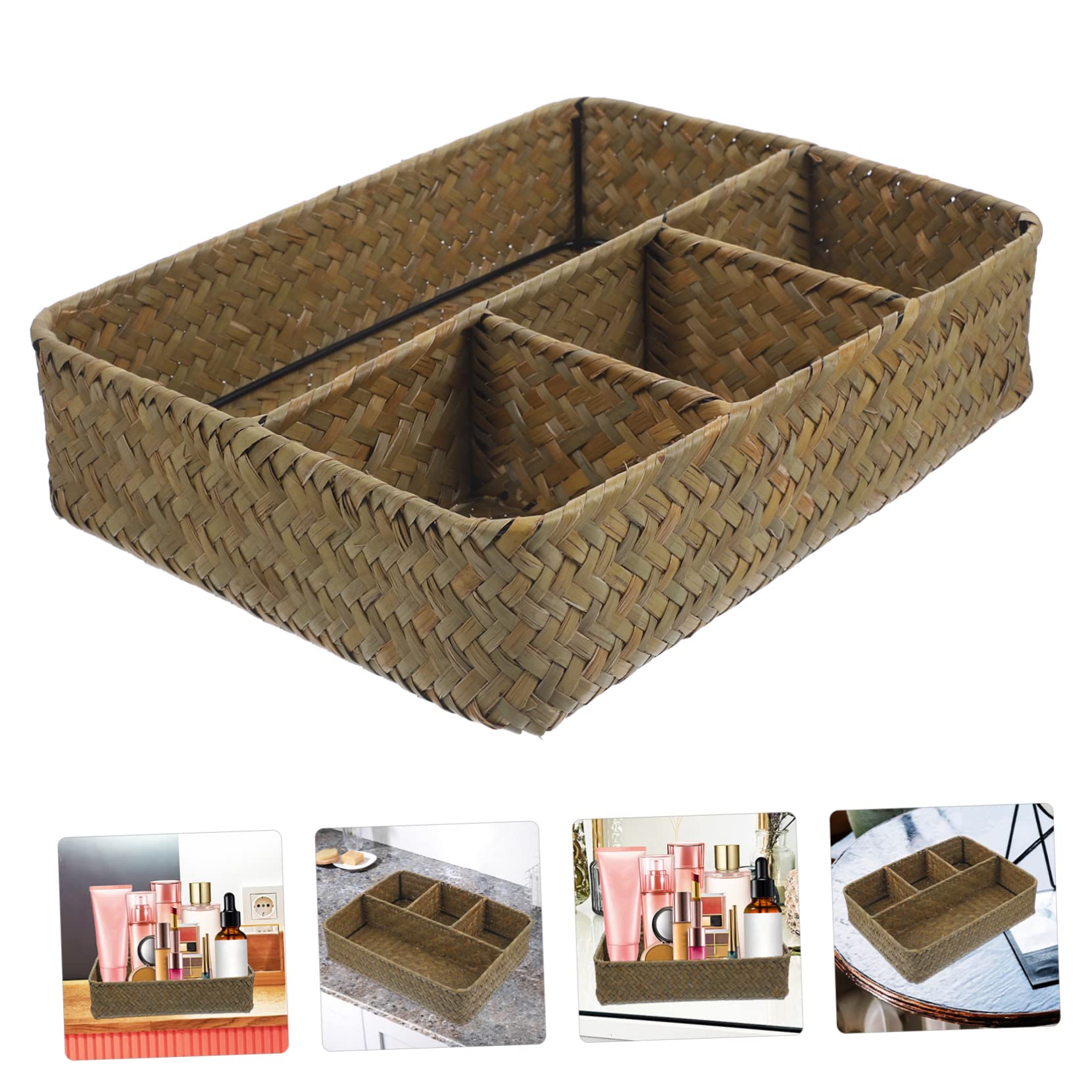 VINTORKY Woven Storage Basket for Coffee Station Tea Bag Dispenser Sugar Packet Holder Natural Bulrush Organizer with Compartment Design for Home Office Nursery