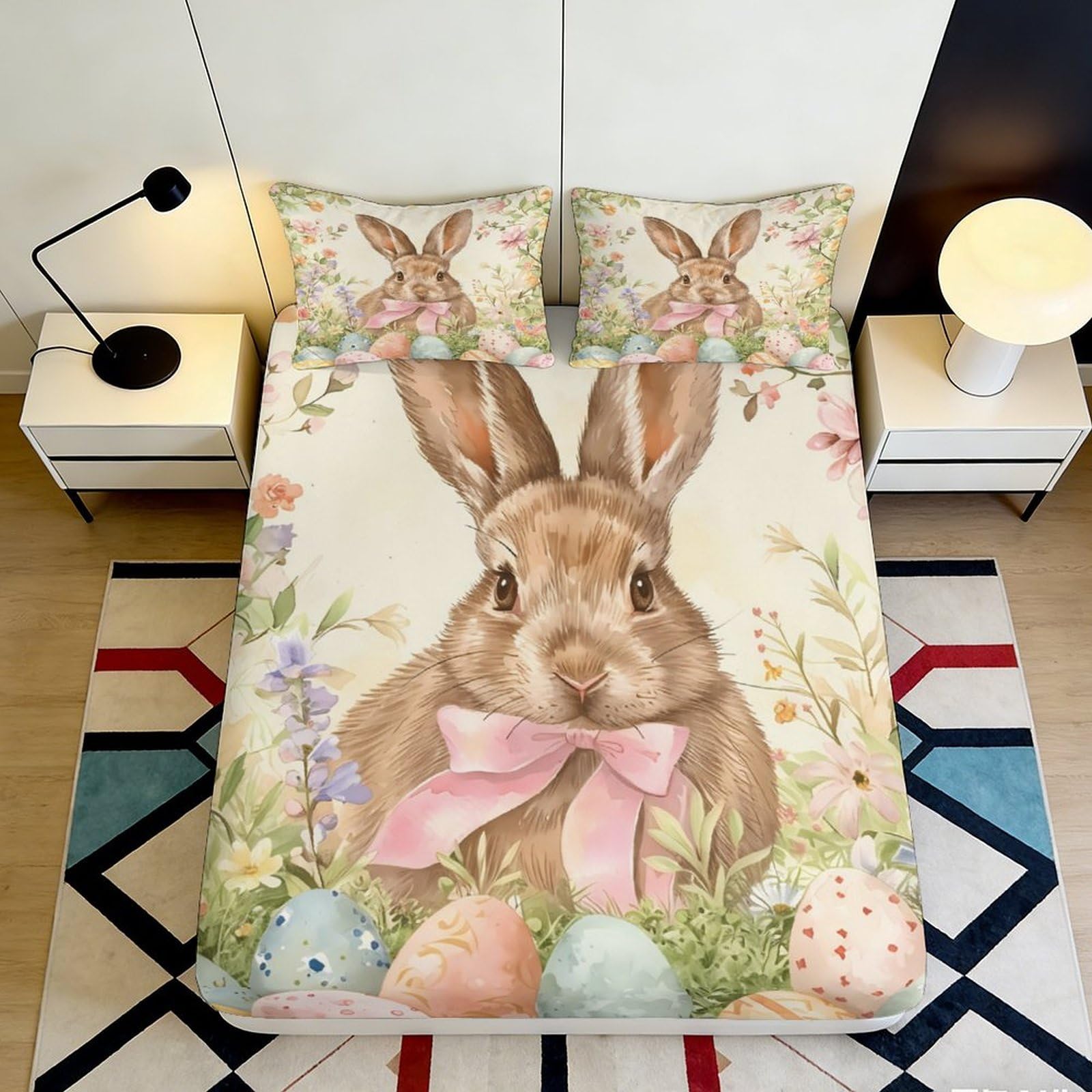 3D Printed Easter Bunny Fitted Sheet Microfiber Soft Pastel Floral Egg Pattern Mattress Cover for Bedroom Guest Room Decor 90x200x25cm