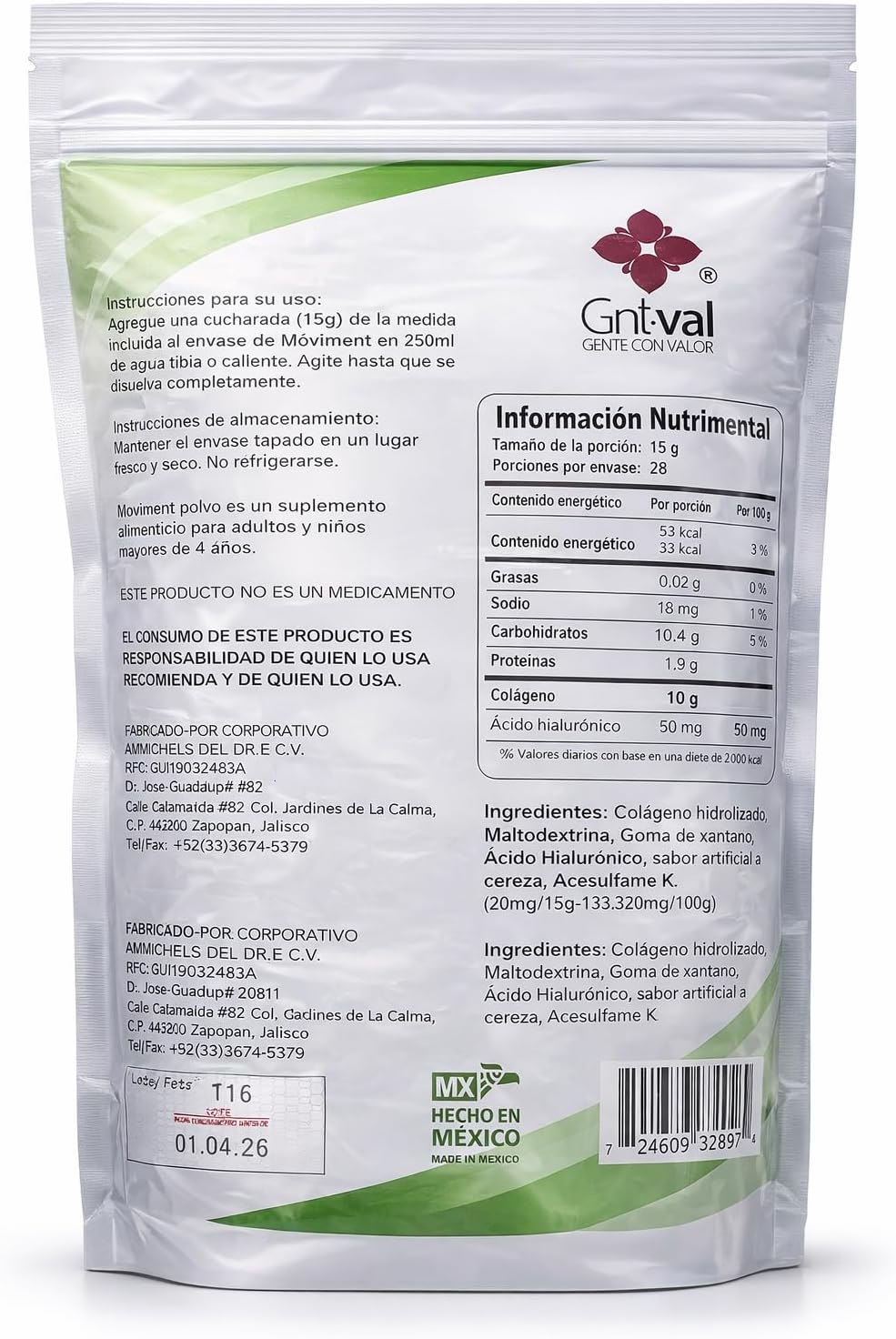 Moviment, Colágeno Hidrolizado + Ácido Hialurónico, Suplemento Alimenticio, Sin Azucar, Sabor Cereza.