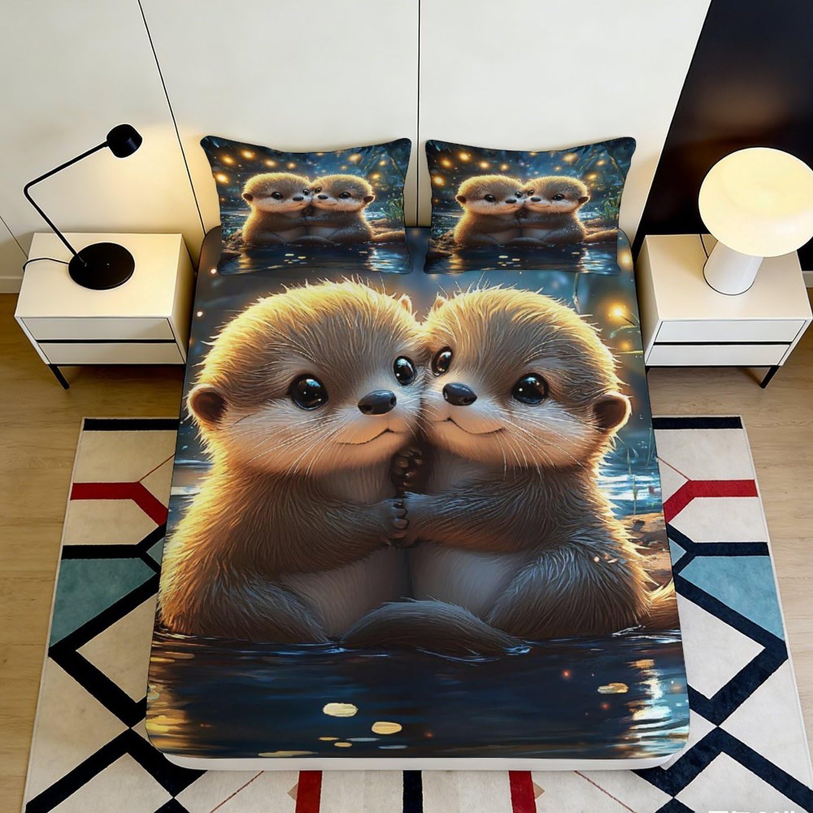 3D Printed Cute Otter Fitted Sheet Microfiber Soft Non-Slip Forest Lake Mattress Cover for Bedroom Dorm Youth Decor 160x200x25cm
