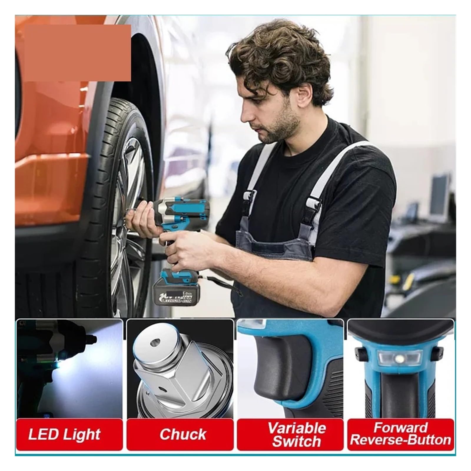 Llave de Impacto Llave De Impacto Eléctrica del Alto Esfuerzo De Torsión 1800N.m Pulgada del 1/2 Compatible con La Batería(2x5.0Ah Bat Carton)