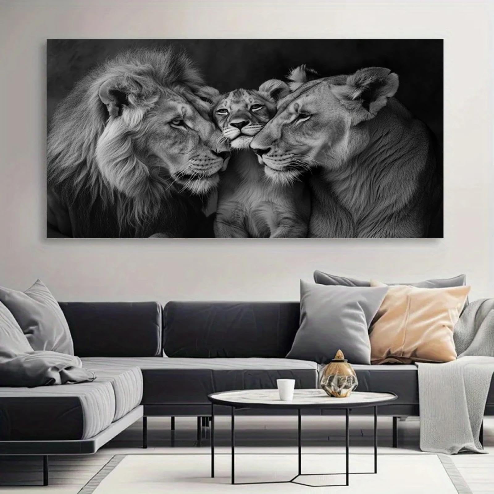 ZHUOYA Neue, moderne, leichte, luxuriöse, minimalistische Löwen-Wandkunst – Schwarz-weißer Leinwanddruck mit Löwenfamilienporträt für die Wohnzimmerdekoration, 65 x 130 cm, rahmenlos