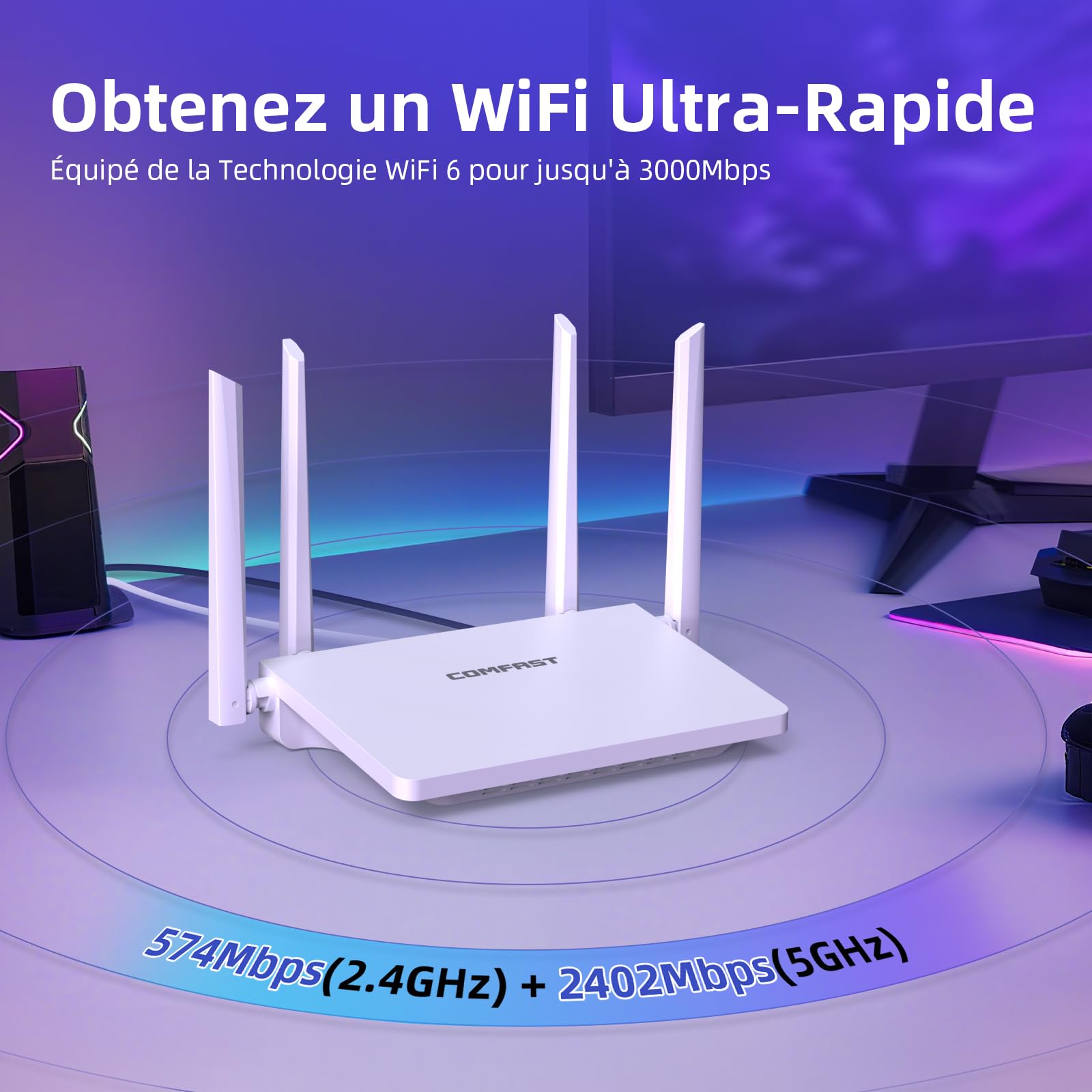 COMFAST AX3000 Routeur WiFi 6 3000Mbps Bi-Bande 4 Ports Gigabit 4 Antennes EasyMesh WPA3