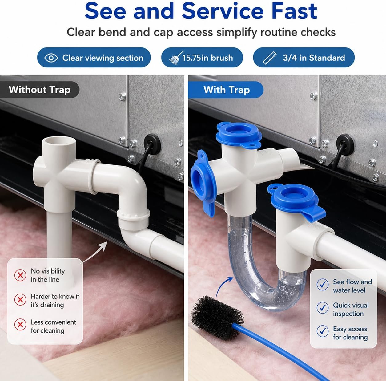 QWORK 3/4 Inch HVAC Condensate Trap with 18 Inch Cleaning Brush – Transparent PVC U Trap for Air Conditioner, Furnace Systems & Heat Pumps – Clear Drainage Maintenance Kit