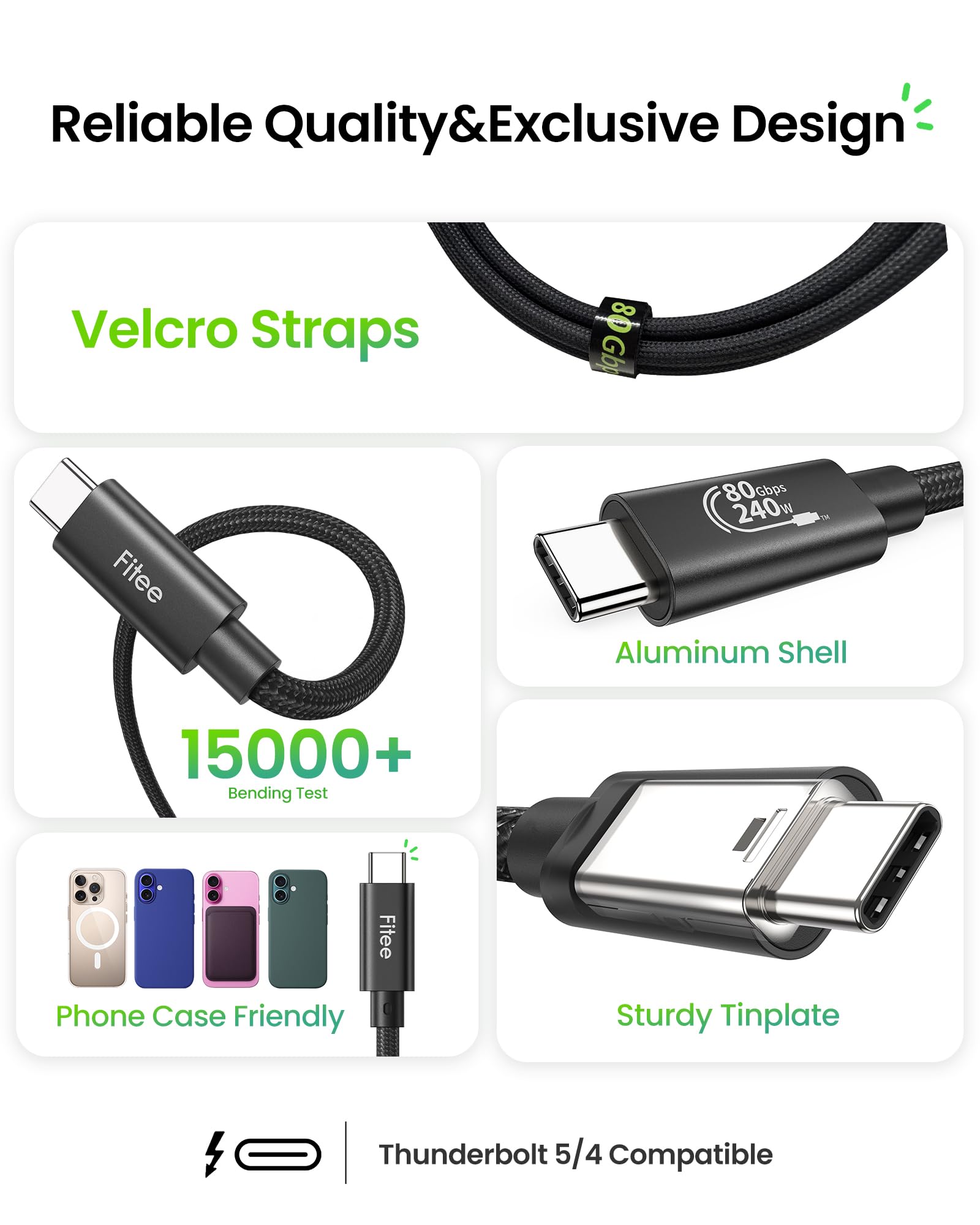 Fitee Cavo Thunderbolt 5 compatibile con 3 m, cavo USB 4 intrecciato in nylon da 80 Gbps (6 GB/s), larghezza di banda video 120 Gbps, singolo 8K a 120 Hz, doppio 6K a 60 Hz, 4K a 240 Hz, PD3.1 240 W