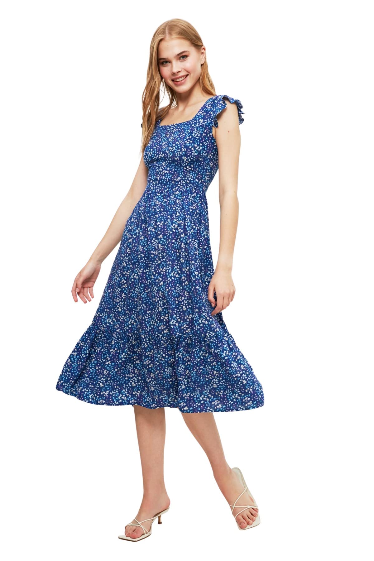 Trendyol Damen Marineblau Midi, A-Linie, Normale Passform, Gewebtes Kleid, 62