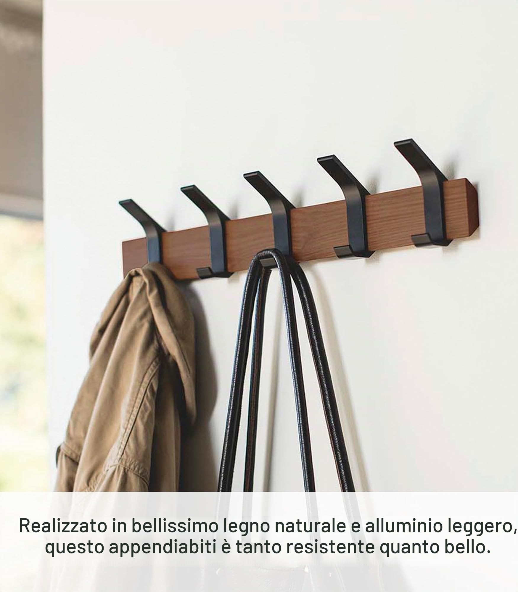 YAMAZAKI RIN Wall Coat Rack, marrone, Wood/Aluminum, 50 x 6.5 x 10 cm