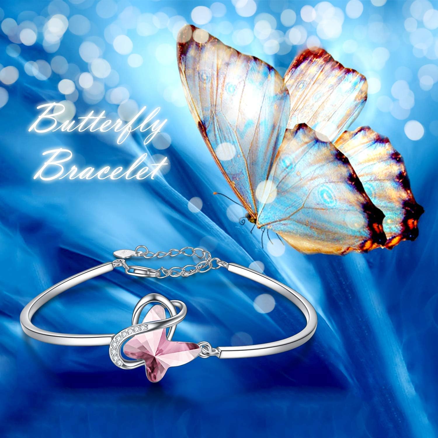 AOBOCO Sterling Silver Infinity & Morpho Helena Butterfly Bangle Bracelet Embellished with Crystals from Austria, Fine Anniversary Birthday Butterfly Jewelry Gifts for Women