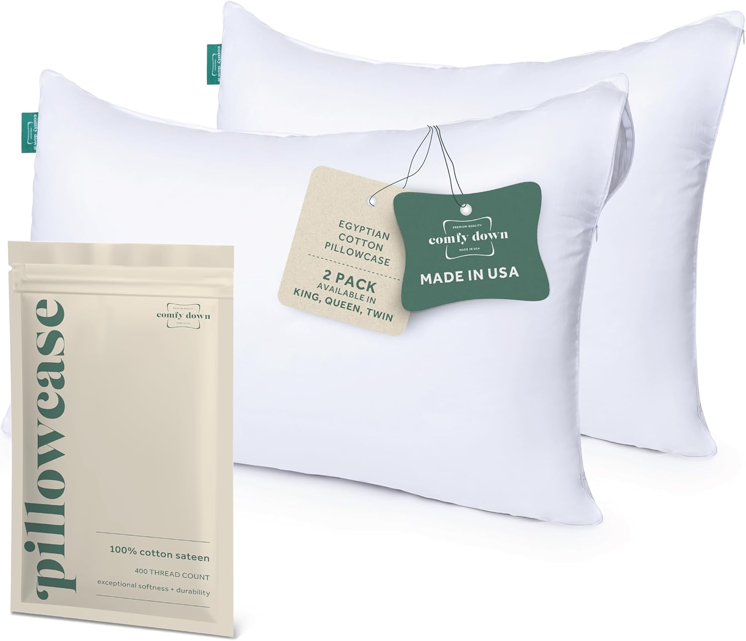ComfyDown Pillowcase for King Size Pillow - 2 Pack - Breathable, 100% Cotton, 400-Thread Count, Zipper Closure - Made in USA (King)