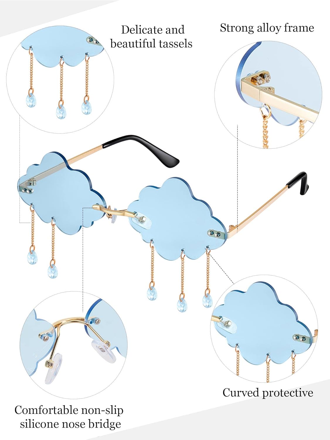 Weewooday 4 Pairs Cloud Sunglasses Raindrop Rimless Cute Sunglasses Funny Heart Flame Shaped Disco Glasses for Women Men - Image 5