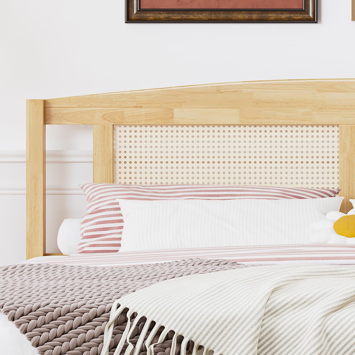 Soweiz Letto matrimoniale, in rattan, per adulti, 160 x 200 cm, con 15 doghe e piedi centrali, pino + rattan sintetico, colore: naturale