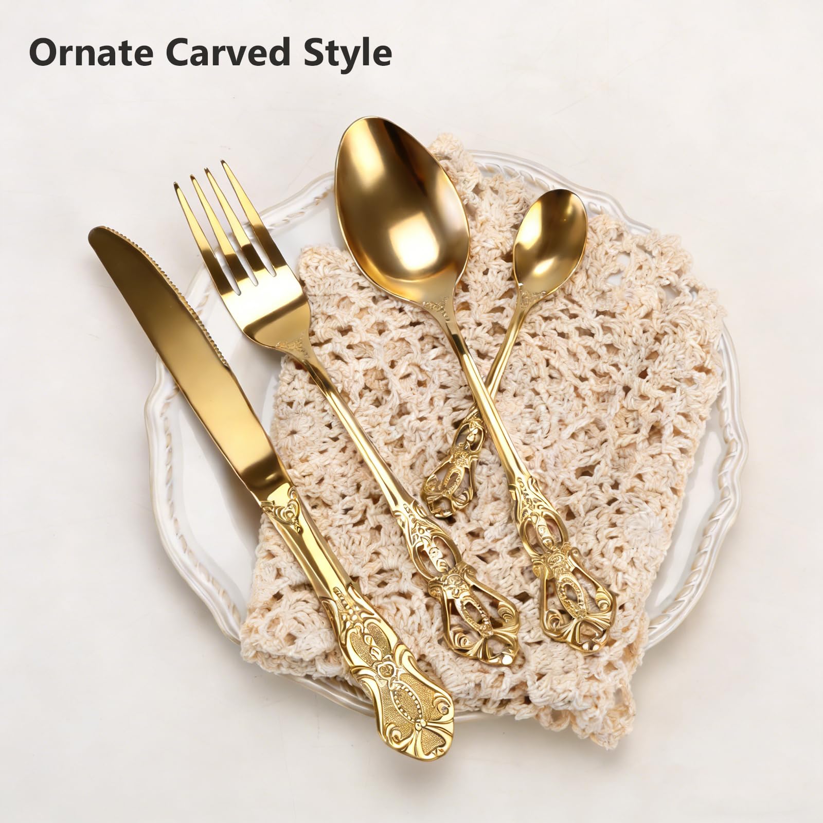 Juego de 24 cubiertos dorados de acero inoxidable – Cubiertos de plata para 6 personas con cuchillo, tenedor, cuchara, acabado espejo y apto para lavavajillas, patrón tallado