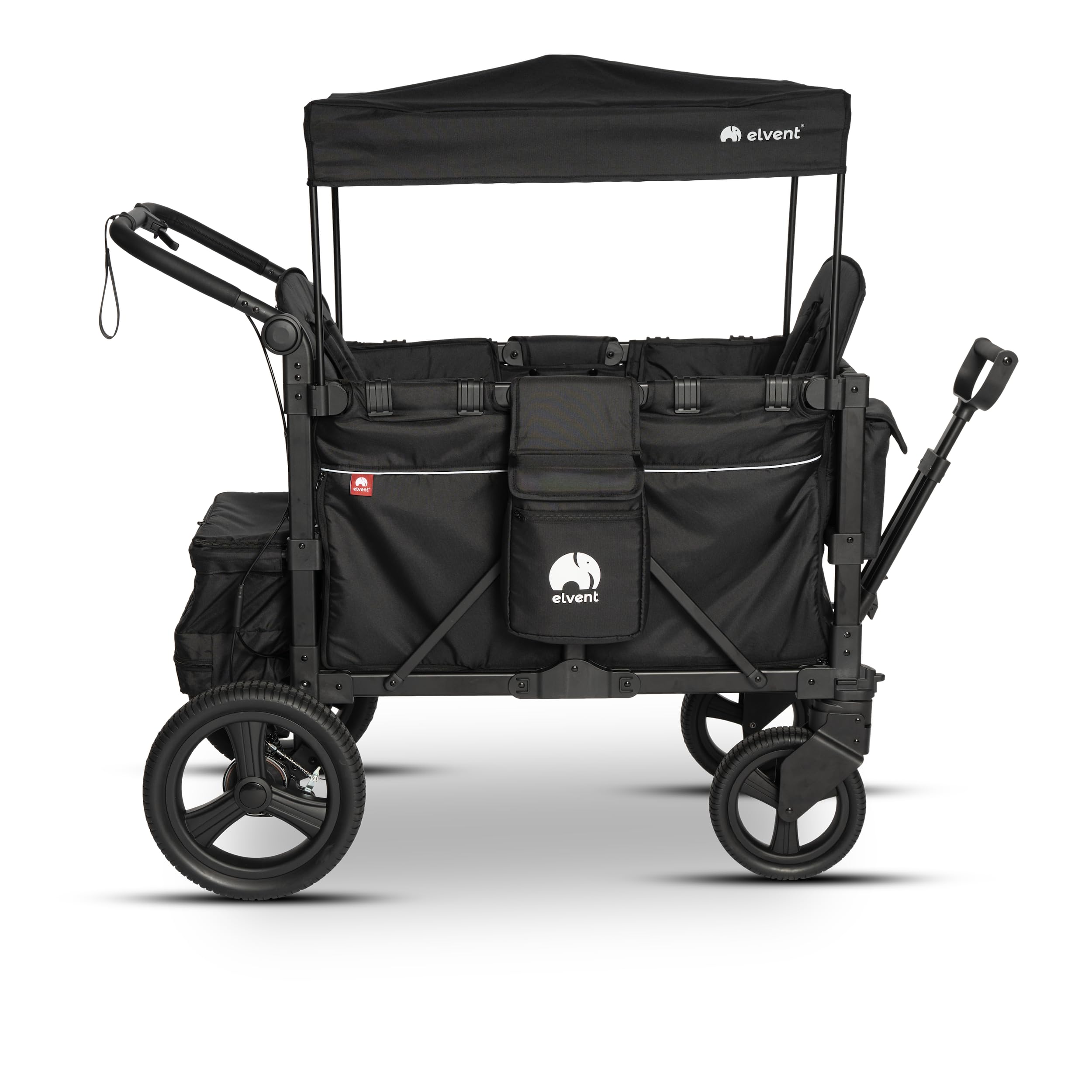 elvent® FlexProfessional 2 Bollerwagen | TÜV-Zertifiziert | Handwagen faltbar mit Dach, 5-Punkt-Gurt, Feststellbremse, 100 kg | Kita & Tagespflege (Schwarz)