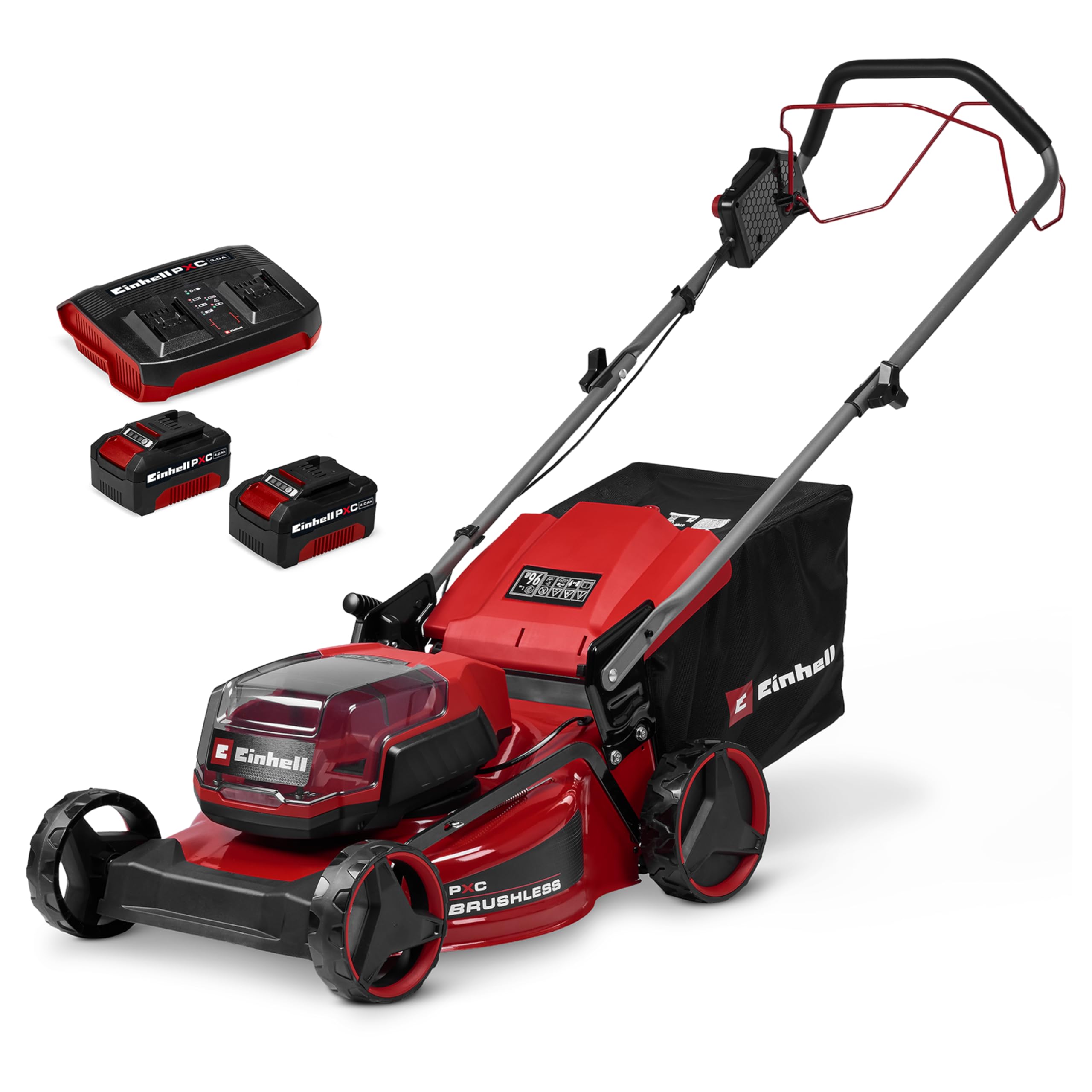 Einhell Kit cortacésped con batería GC-CM 36/46 S Li BL Power X-Change (36V, 46 cm de Ancho de Corte, hasta 500 m², Brushless, accionamiento de Rueda, Cesta 50 L, Incl. 2x4,0Ah + 1 Twincharger)