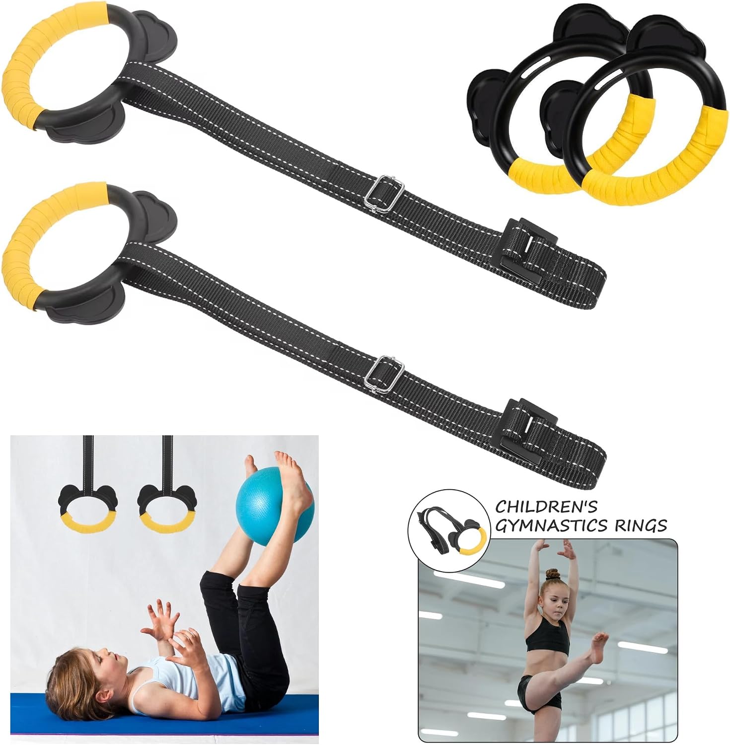 Kids Gymnastic Rings with Adjustable Straps Gym Ring Pull up Olympic Rings for Children Swing Pull Up Bar Doorway Body Strength Training Outdoor Lanyard Jungle Gym Stretching Height Increase