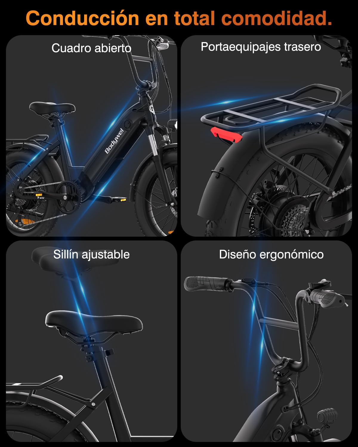 Bodywel F20 Bicicleta Eléctrica, 20x3.0 Fat Bike Todo Terreno Bici Electrica Adultos, 250W 48V 15Ah Batería Extraíble, 7 Velocidades, Horquilla de Suspensión, Montaña E-Bike Pantalla LCD/App