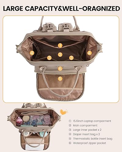 Miniatura 5 de LOVEVOOK Mochila para pañales, bolsa de bebé con cambiador para mamás y papás, bolsa grande impermeable para mamá con hebillas para cochecito, baby