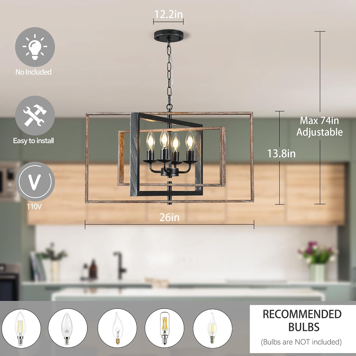 Farmhouse Wooden Chandeliers for Dining Room, 26 Inch Wood Chandelier, 4-Light Rustic Chandelier with Vintage Texture Metal Semi Flush Mount Ceiling Light for Kitchen Island Dining Room Foyer