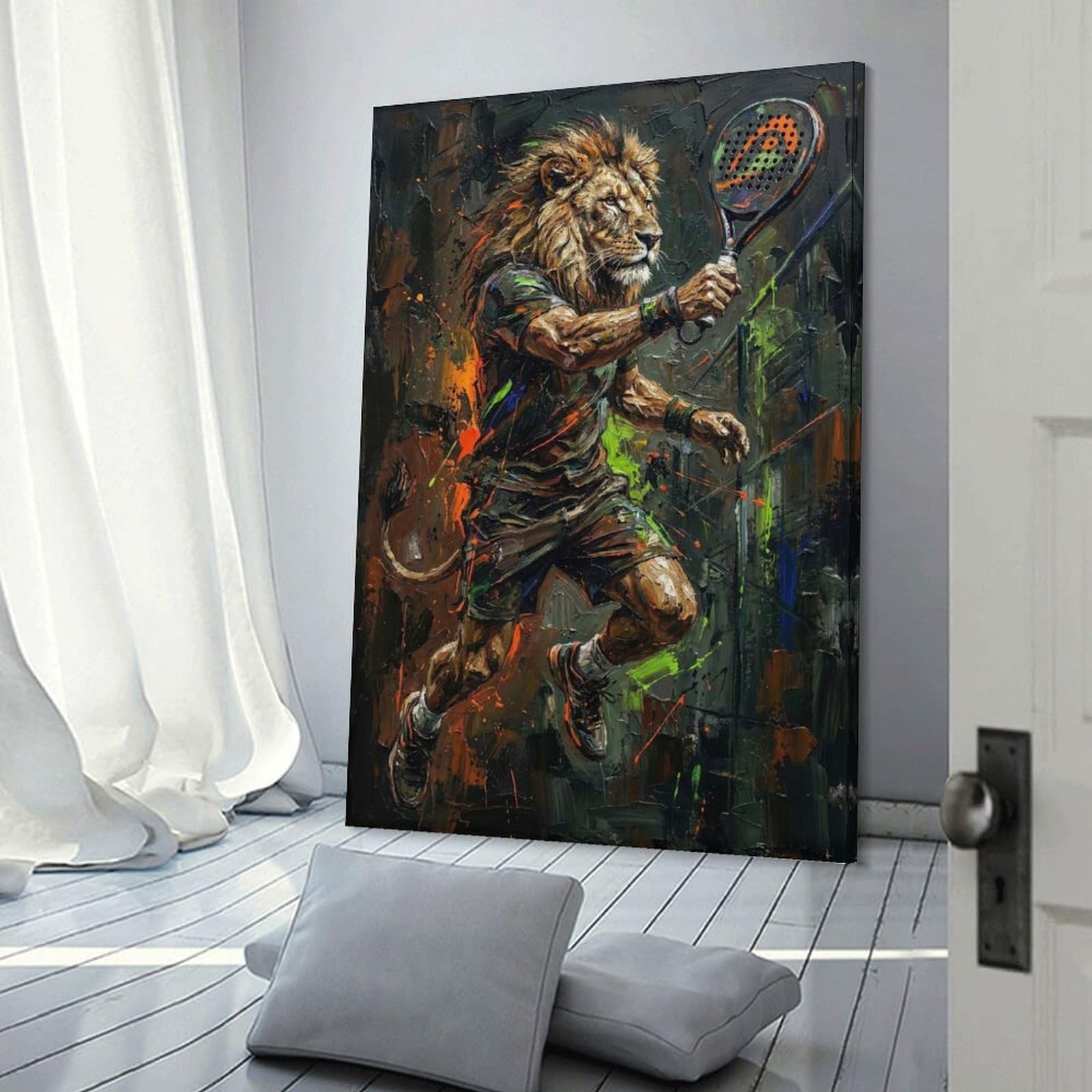Junmoney Frame-Style-5 Lion Playing Padel Tennis Painting Wall Picture Print, 20X30inch(50X75cm), For Lounge, Study, Hallway Or Flat Walls, Canvas Wall Art That Fits Changing Layouts