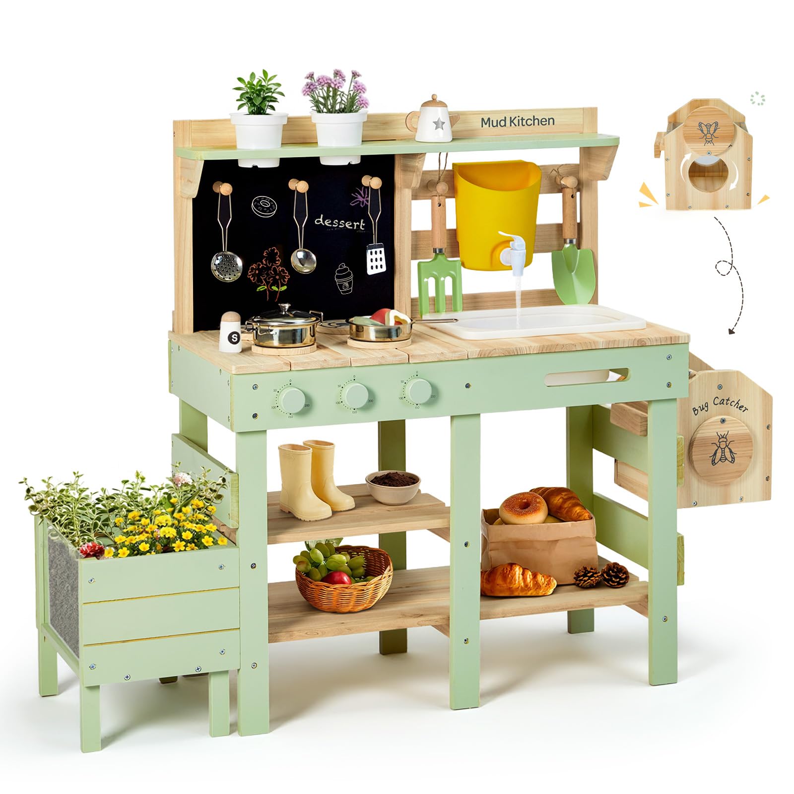 Labebe Matschküche Kinder Outdoor, 3-in-1 Matschküche mit Pflanzkasten und Insekten-Beobachtungsbox, Outdoor Spielküche & Kinderküche aus Holz mit Spüle, Wasserhahn und Zubehör, ab 3 Jahren