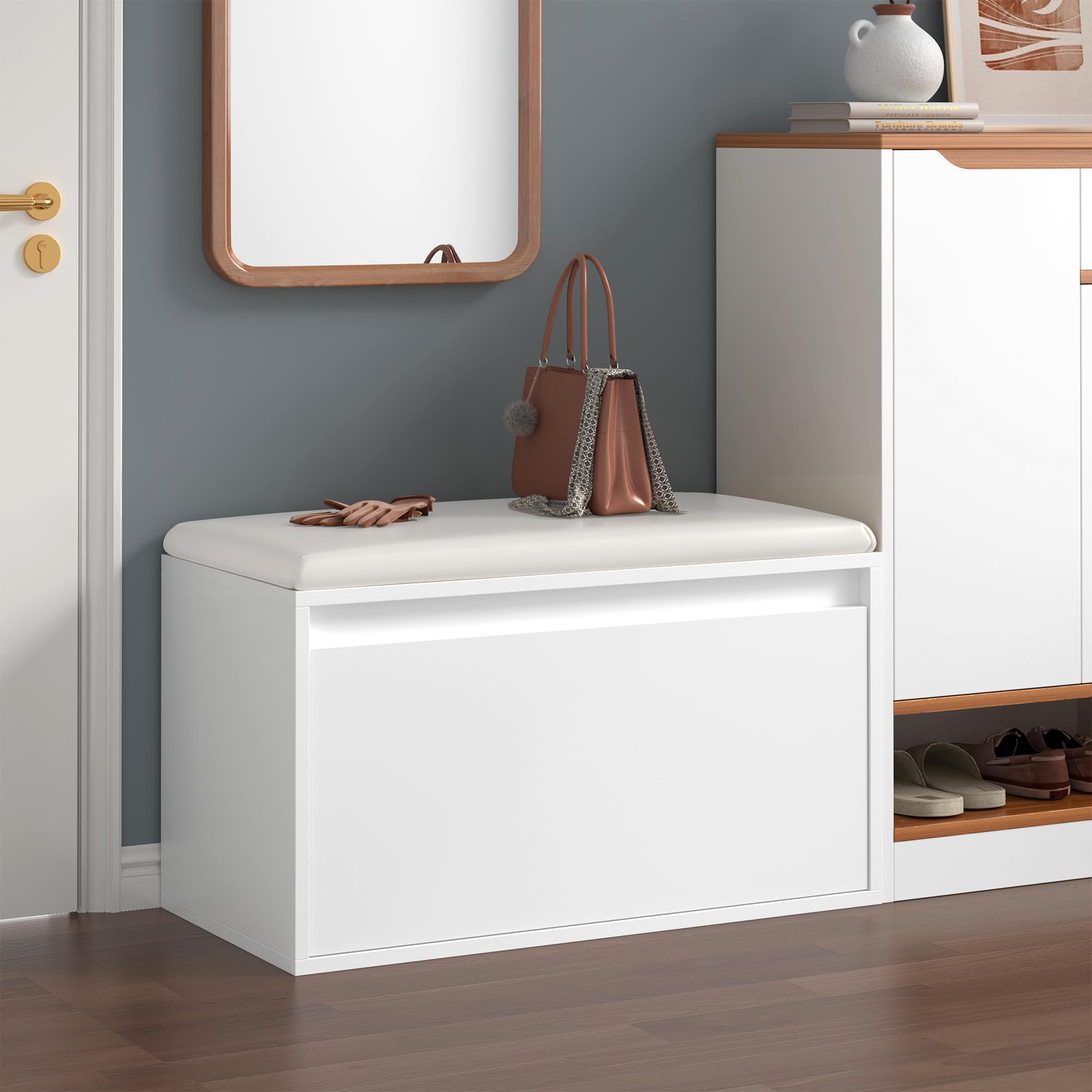[en.casa] Panchina Portascarpe con Cassetto Scarpiera con Seduta Imbottita Similpelle e Contenitore Estraibile per Ingresso Camera 80 x 39 x 45 cm Bianco