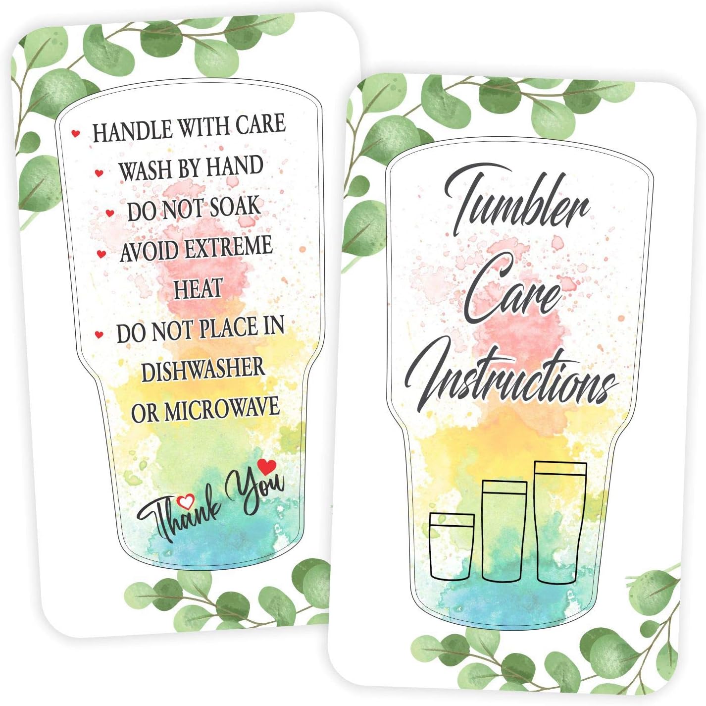 Tumbler Care Instruction Cards - (Pack of 100) 3.5" x 2" Package Insert for Tumbler Cleaning Customer Directions - Green Leaves